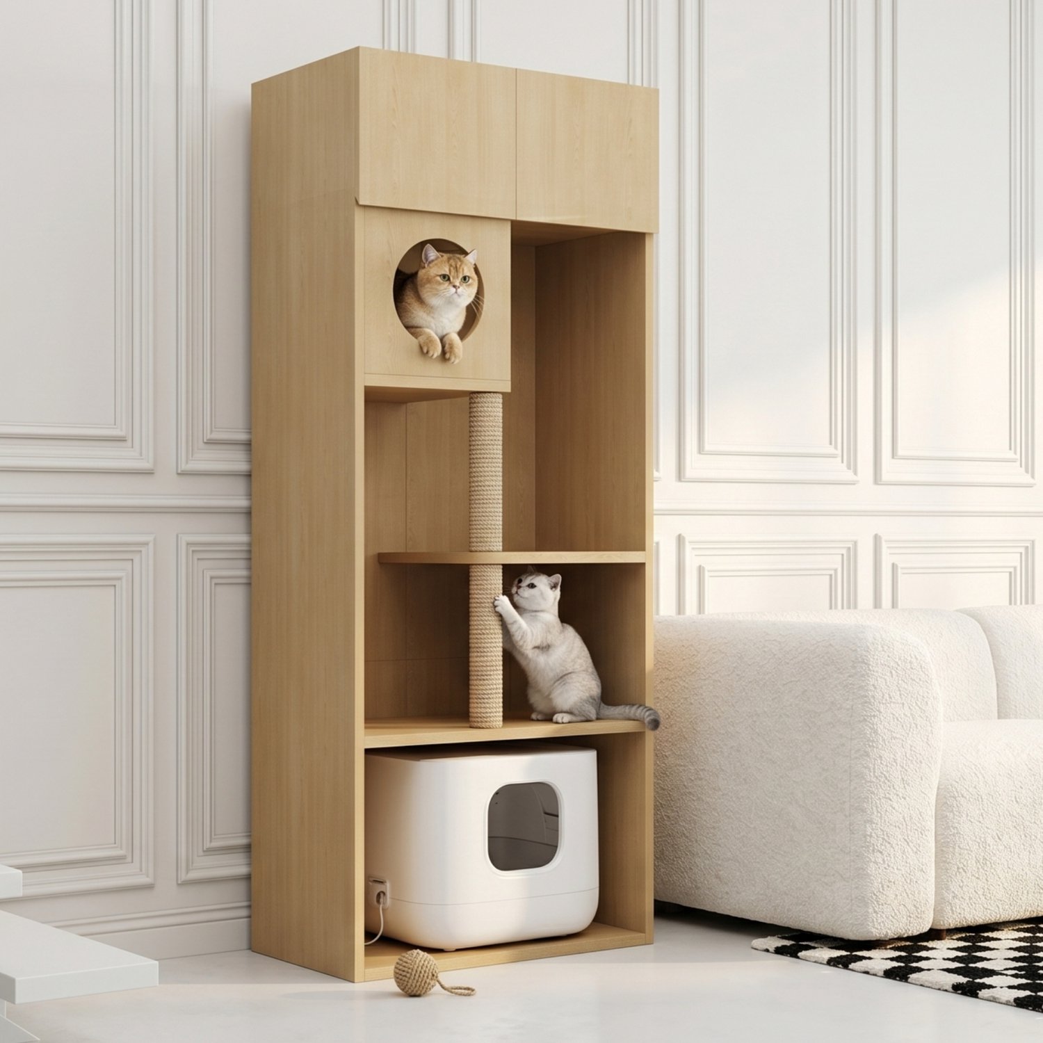 Kattenkast met krabpaal - Multifunctioneel kattenmeubel met kattenbakombouw - Met opbergruimte en kattenhol - MDF in natuurlijke houtkleur
