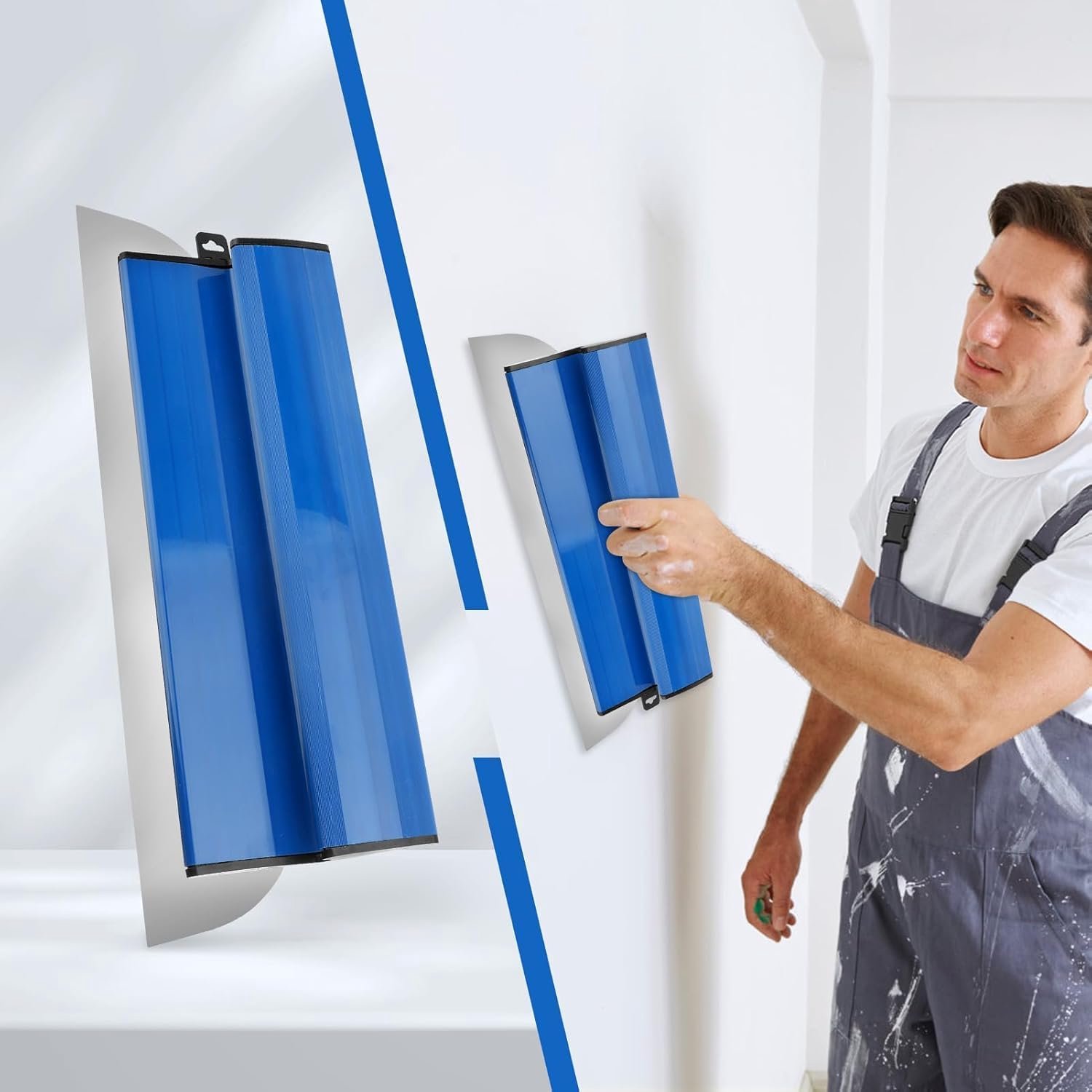 Set 40 cm – roestvrij staal glad lemmet (0,45 mm) met lemmetbescherming en ergonomische handgreep (34,5 cm) – voor gipsplaat, gipsgereedschap (blauw)
