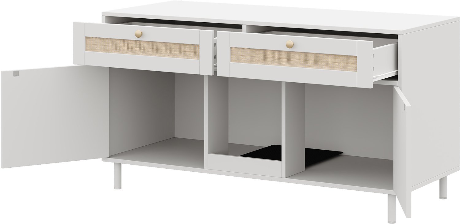 Kattenbakkast voor twee kattenbakken - Met uitloopmat en opberglades - Dubbele deuren voor meerdere katten - Wit MDF - 120 x 50 x 65 cm