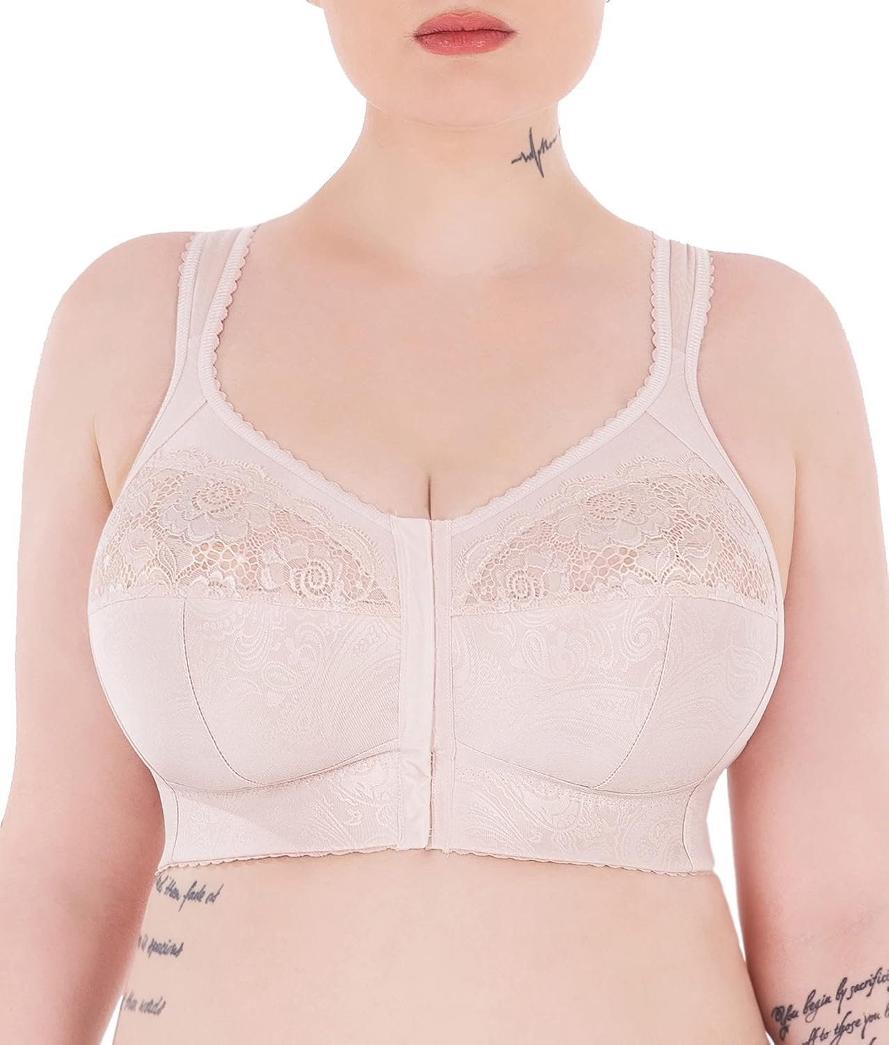 Full Cup, Soft Minimizer, zonder beugel, met voorsluiting, met kant, grote maten, brede bandjes, katoen gelamineerd, zachte, stabiele ondersteuning, grote borsten, comfortabel, beige, 75F