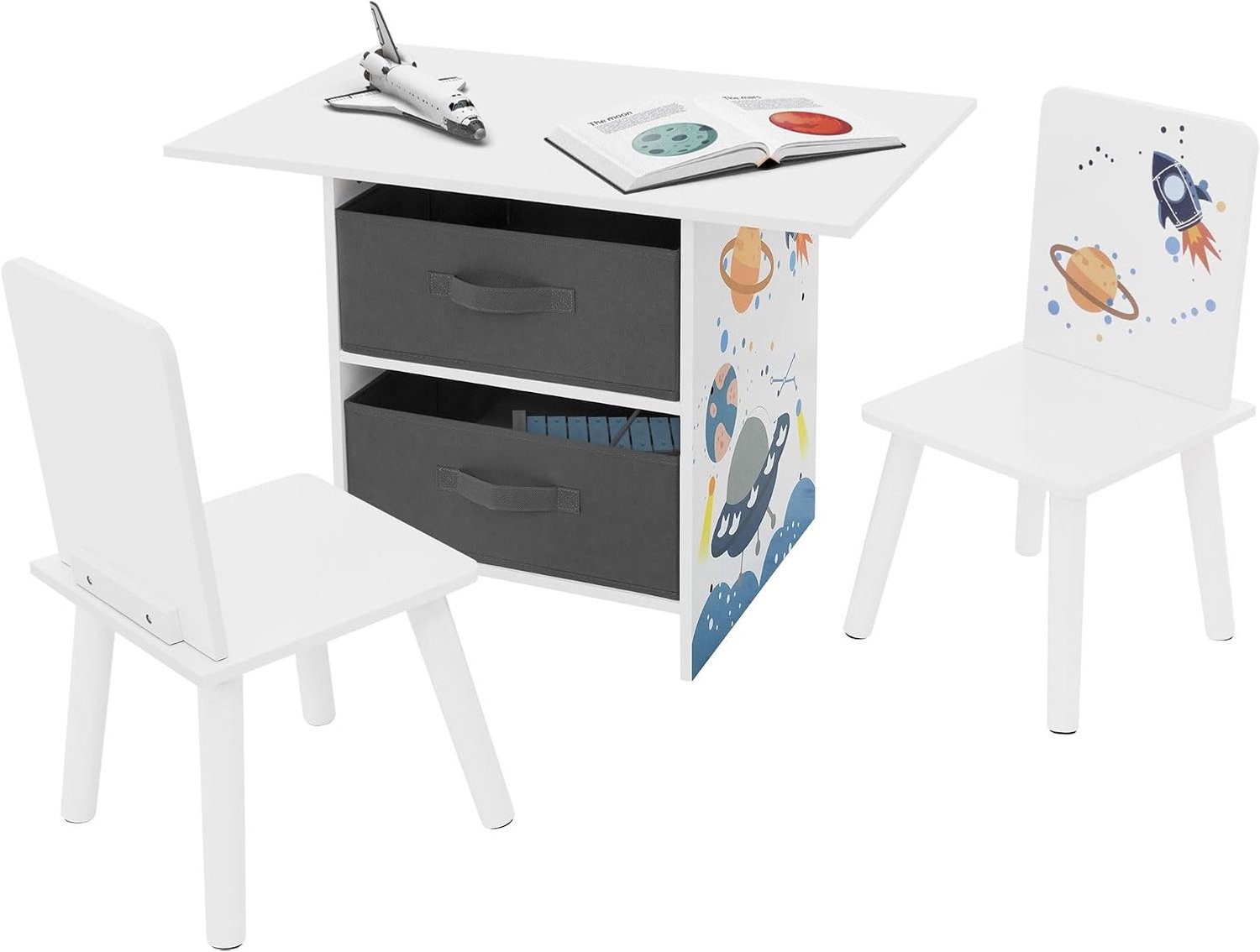 3-delige kinderzitgroep, 1 kindertafel met opbergruimte en 2 stoelen, ruimte, wit, kindertafelgroep hout, kindermeubelset voor kinderen, bureau schildertafel met 2 kinderstoelen voor kinderkamer