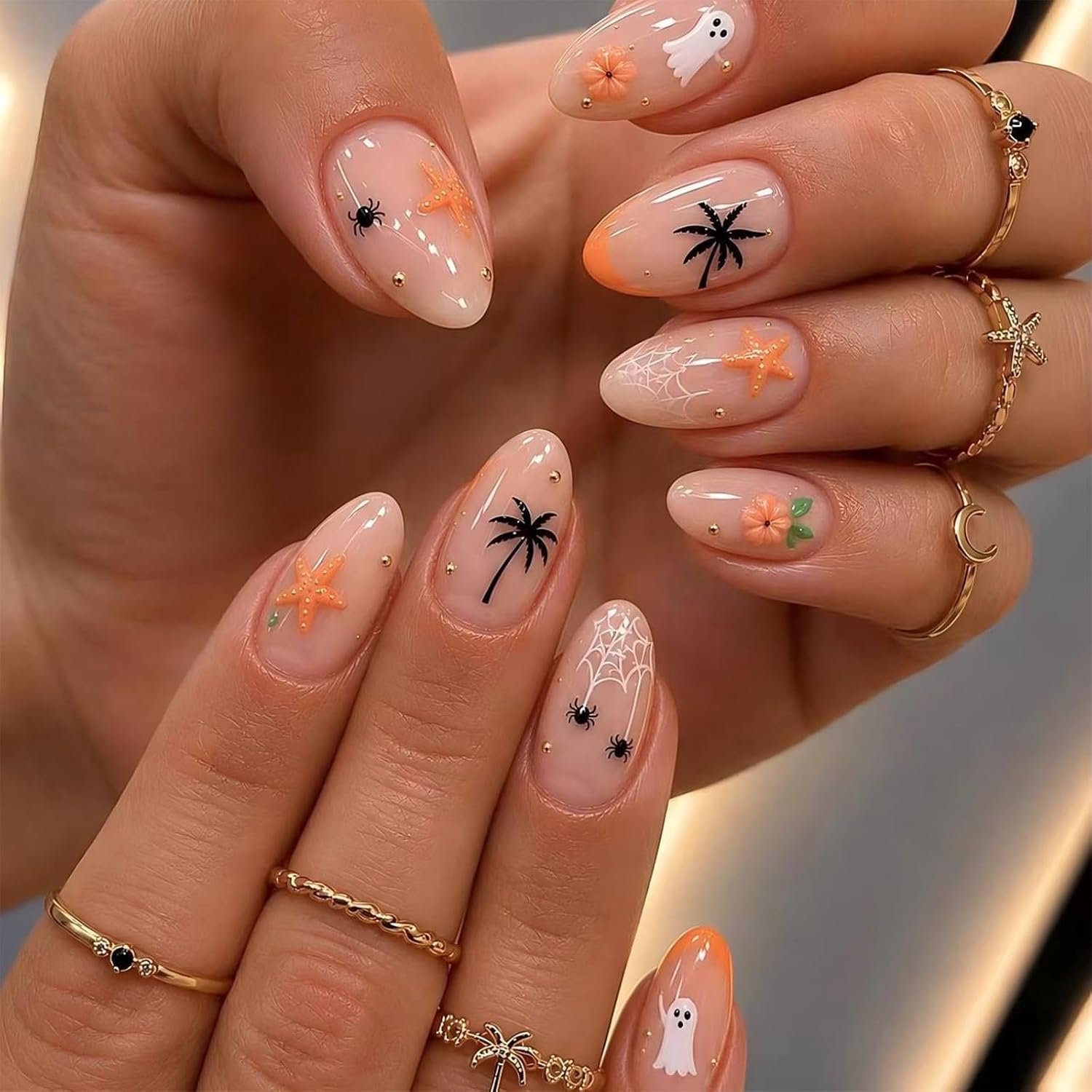 24 STKS Halloween Valse Nagels Amandel Medium, 3D Bloemen Zeester Valse
