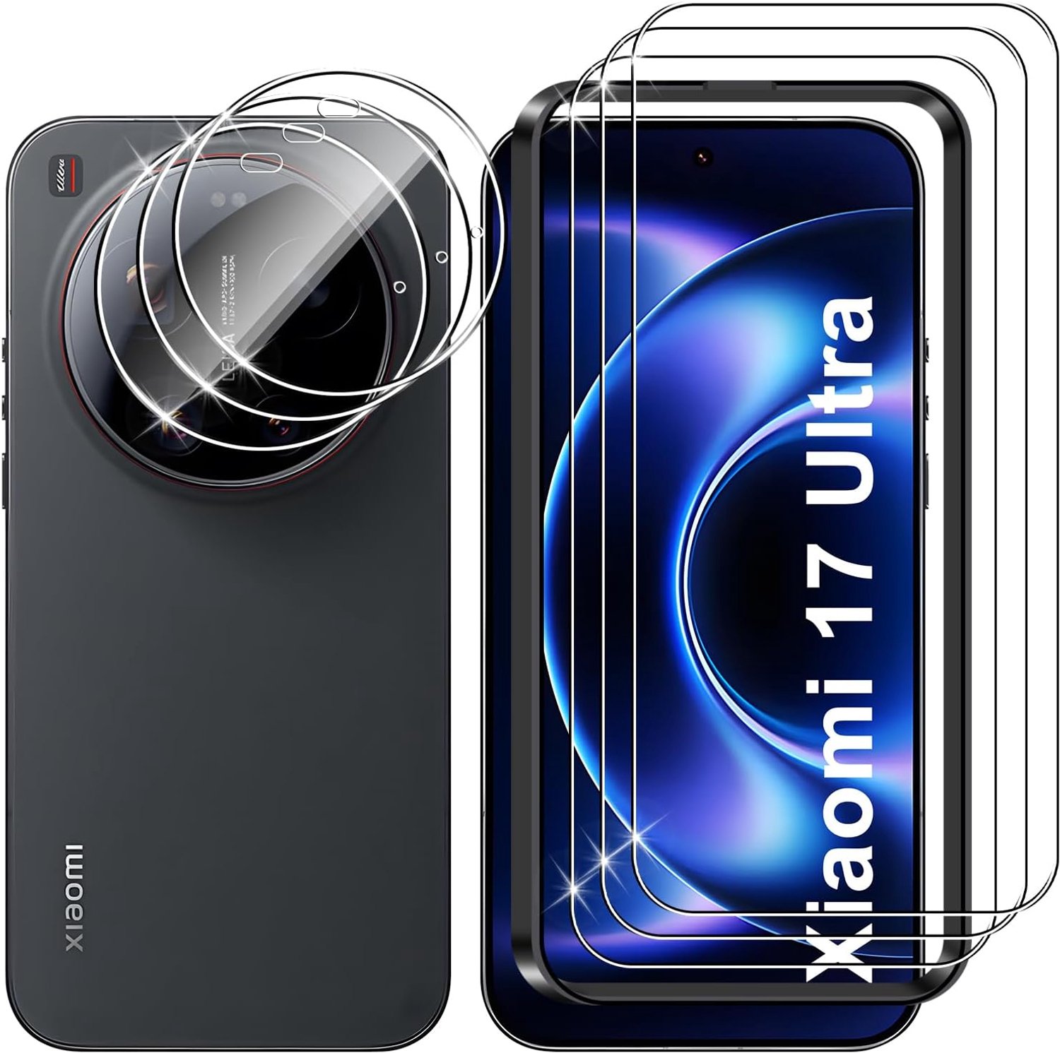 Beschermfolie voor Xiaomi 17 Ultra, pantserglas, 3 + 3 stuks, beschermglas + camerabeschermingsfolie, HD 9H hardheid, anti-kras, zonder luchtbellen, displaybeschermfolie