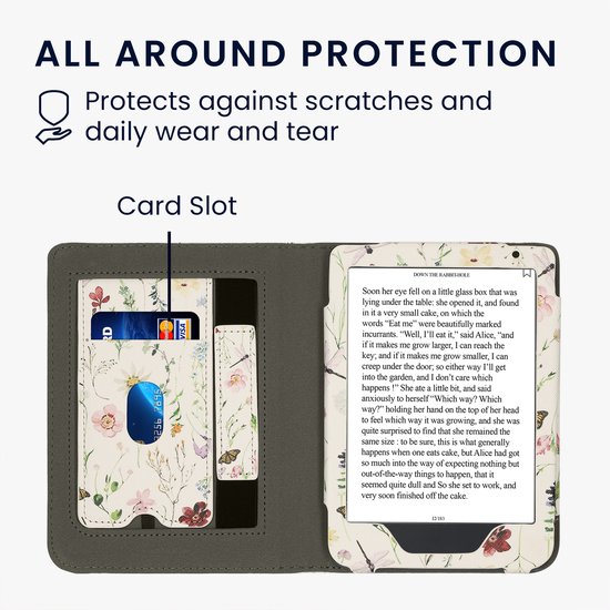 kwmobile e-reader hoesje geschikt voor Kobo Clara BW / Colour hoes - E reader flip case van kunstleer - Ereader cover met stand - Daisy-varens design in wit / geel / groen — afbeelding 4