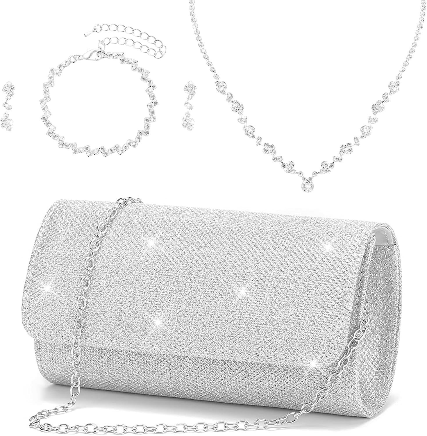 Elegante zilveren avondtas met glitters, bijpassende ketting, armband en oorbellen voor bruiloften, verjaardagen en feestelijke gelegenheden