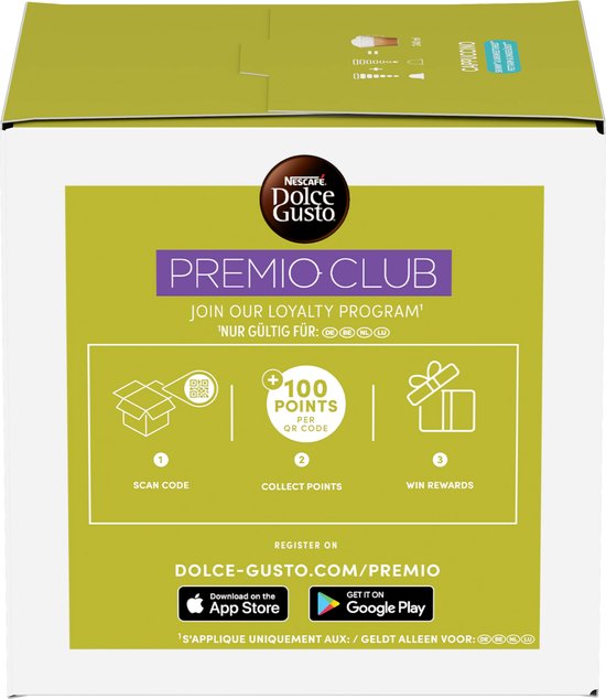 Achterkant Nescafé Dolce Gusto verpakking met Premio Club loyaliteitsprogramma informatie en QR-code.