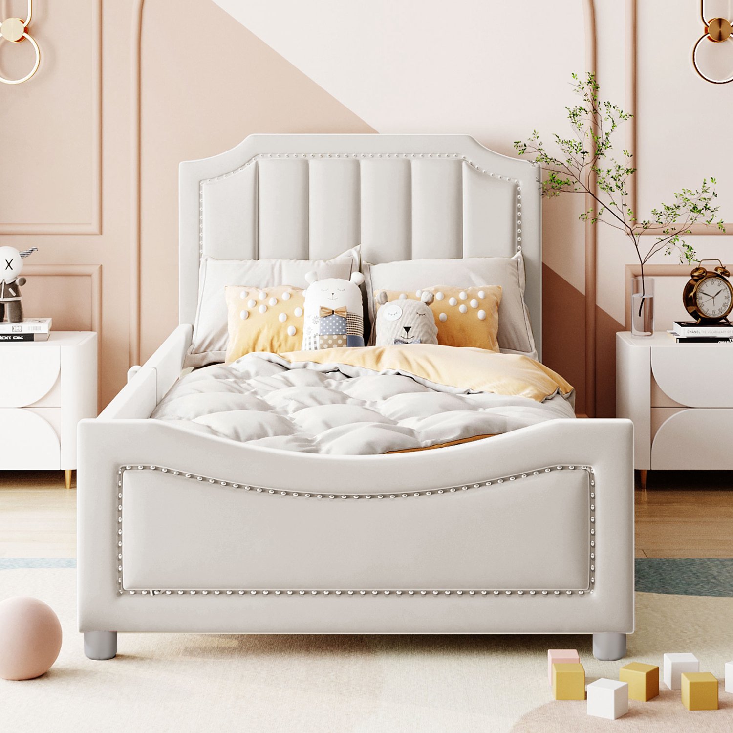 Merax Kinderbed 90 x 200 cm - slaapbank - met rugleuning en armleuningen - beige - zonder matras