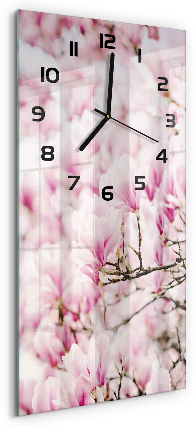 Tulup Wandklok - Magnolia bloemen Gekleurde Glazen Klok - 30x60 cm - Roze Glazen Klok Met Print - Zwarte handen - Rechthoekige Klok - Moderne Wandklok Glas - Wandklok Glas Decoratie