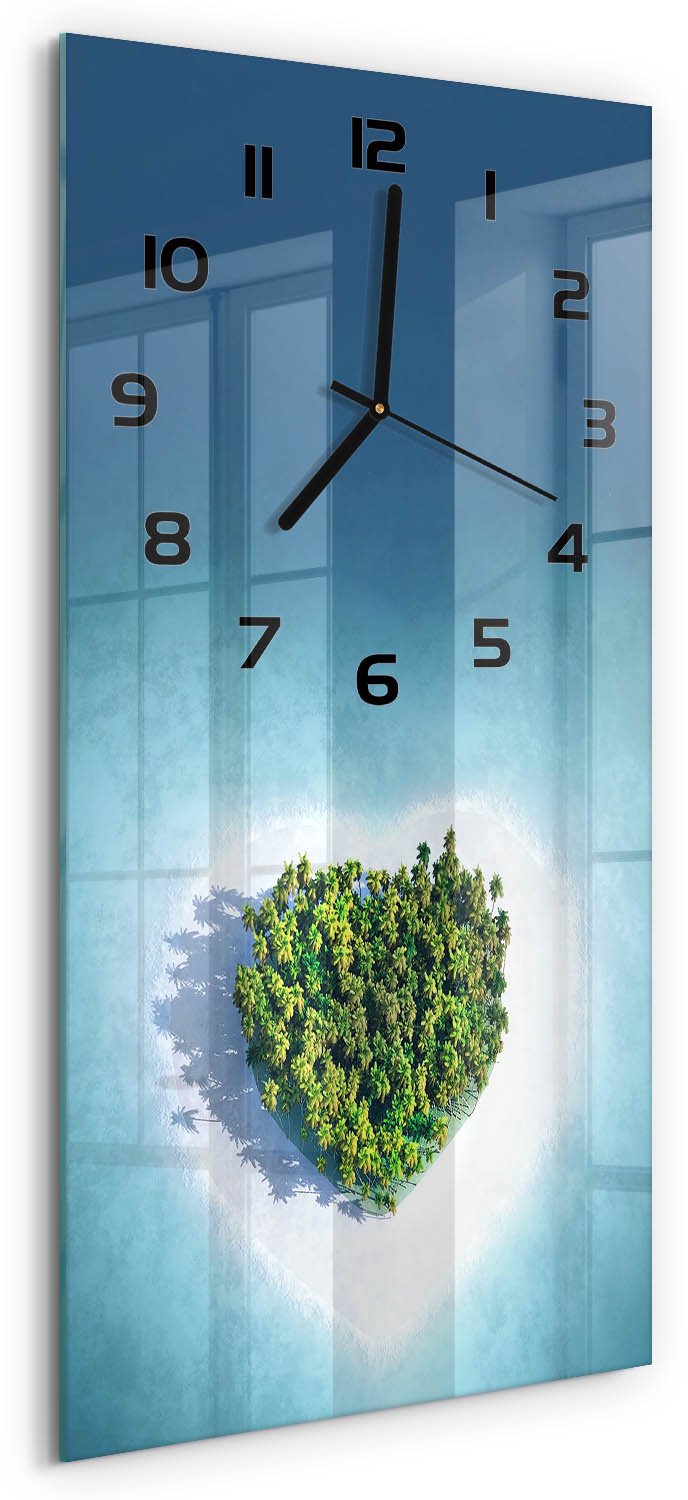 Tulup Wandklok - Hartvormig eiland Glazen Klok Met Print - 30x60 cm - Blauw Wandklok Glas Met Motief - Zwarte handen - Rechthoekige Klok - Wandklok Glas Decoratie - Gekleurde Glazen Klok