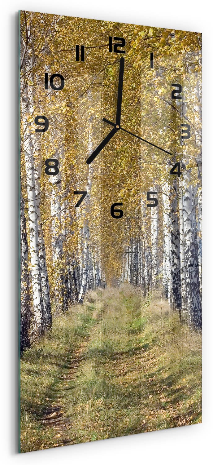 Tulup Wandklok - Berkenbos Moderne Wandklok Glas - 30x60 cm - Geel Wandklok Glas Decoratie - Zwarte handen - Rechthoekige Klok - Glazen Wandklok Design - Klok Glas Met Opdruk