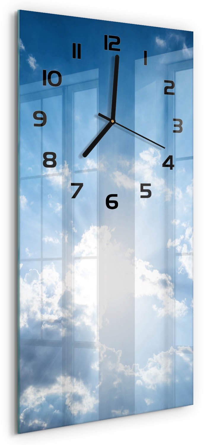 Tulup Wandklok - Wolken aan de hemel Wandklok Glas Met Motief - 30x60 cm - Blauw Decoratieve Glazen Klok - Zwarte handen - Rechthoekige Klok - Gekleurde Glazen Klok - Glazen Klok Met Print
