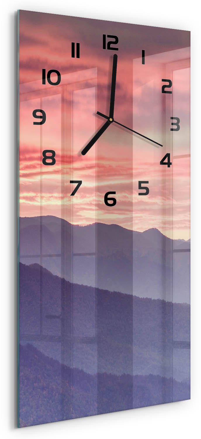 Tulup Wandklok - Bergen bij zonsondergang Decoratieve Glazen Klok - 30x60 cm - Oranje Glazen Wandklok Design - Zwarte handen - Rechthoekige Klok - Glazen Klok Met Print - Wandklok Glas Met Motief