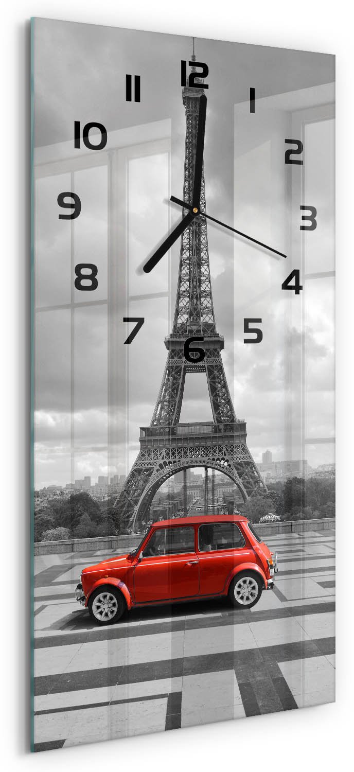 Tulup Wandklok - Eiffeltoren auto Klok Glas Met Opdruk - 30x60 cm - Rood Moderne Wandklok Glas - Zwarte handen - Rechthoekige Klok - Decoratieve Glazen Klok - Glazen Wandklok Design