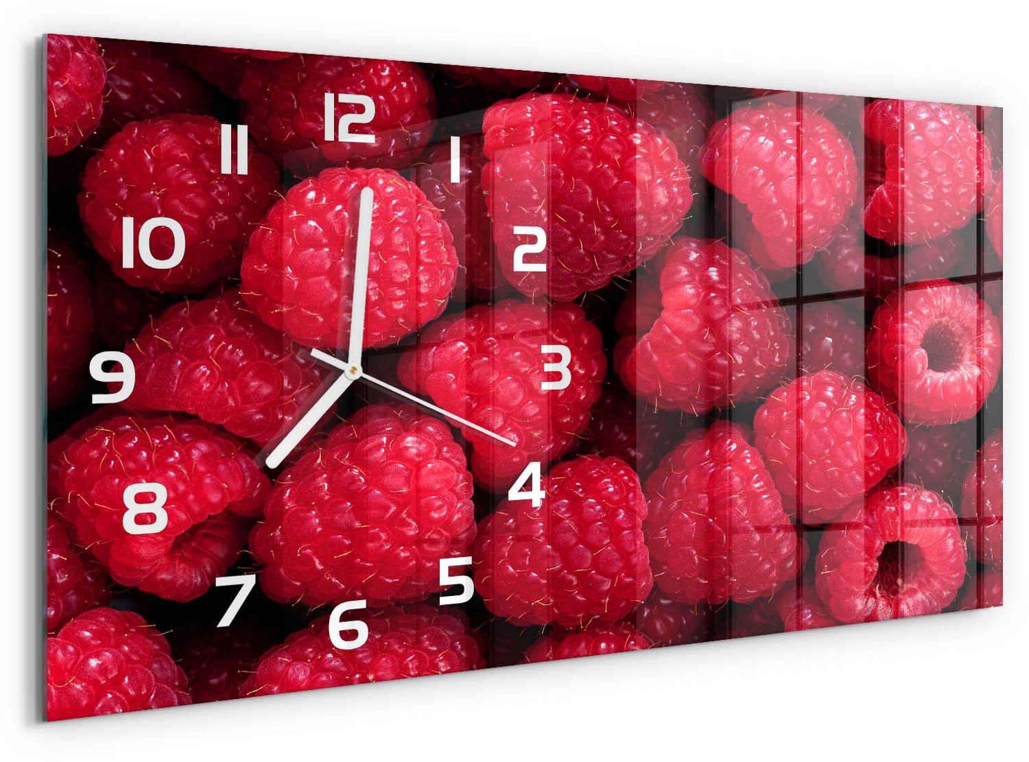 TULUP Wandklok - Frambozen Wandklok Glas Met Motief - 60x30 cm - Rood Decoratieve Glazen Klok - Witte handen - Rechthoekige Klok - Gekleurde Glazen Klok - Glazen Klok Met Print
