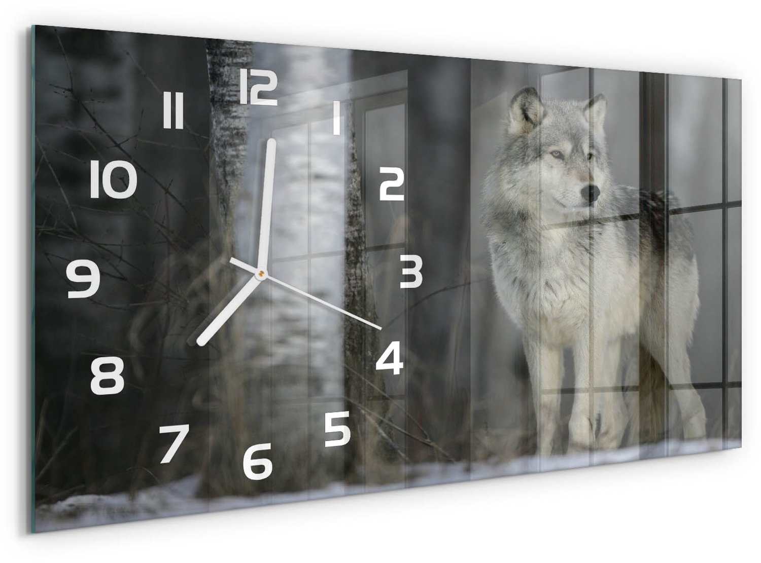 TULUP Wandklok - Grijze wolf Glazen Wandklok Design - 60x30 cm - Grijs Klok Glas Met Opdruk - Witte handen - Rechthoekige Klok - Wandklok Glas Met Motief - Decoratieve Glazen Klok