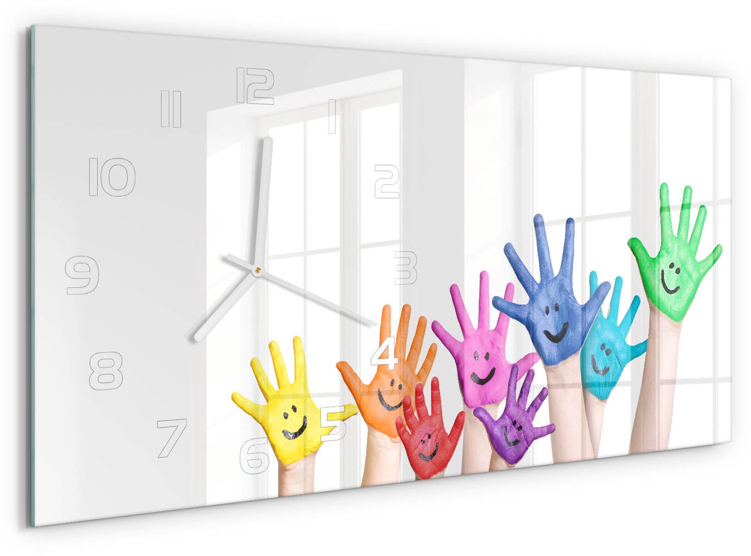 TULUP Wandklok - Geschilderde handen Glazen Wandklok Design - 60x30 cm - Veelkleurig Klok Glas Met Opdruk - Witte handen - Rechthoekige Klok - Wandklok Glas Met Motief - Decoratieve Glazen Klok