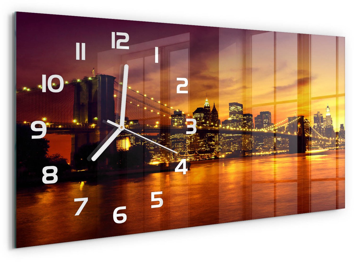 TULUP Wandklok - Brooklynbrug Decoratieve Glazen Klok - 60x30 cm - Oranje Glazen Wandklok Design - Witte handen - Rechthoekige Klok - Glazen Klok Met Print - Wandklok Glas Met Motief
