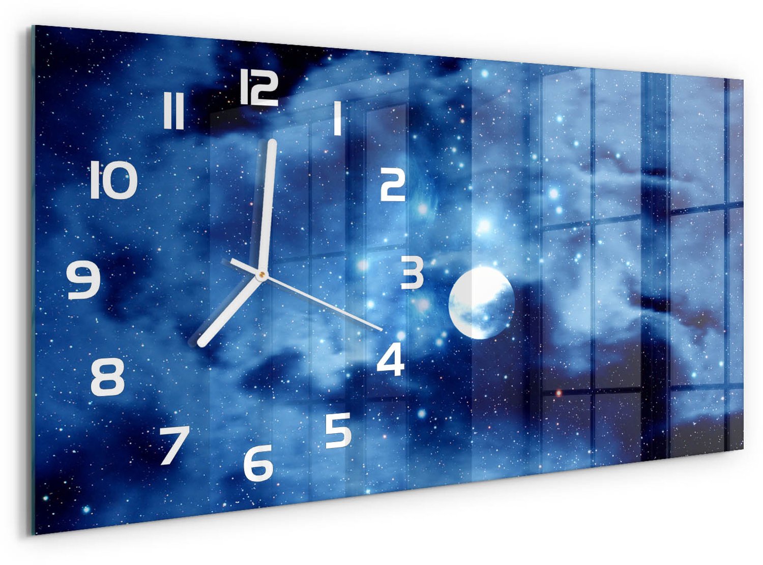 TULUP Wandklok - Volle maan Moderne Wandklok Glas - 60x30 cm - Blauw Wandklok Glas Decoratie - Witte handen - Rechthoekige Klok - Glazen Wandklok Design - Klok Glas Met Opdruk