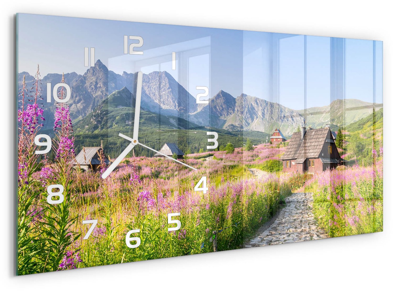 TULUP Wandklok - Huisjes in de bergen Glazen Klok Met Print - 60x30 cm - Veelkleurig Wandklok Glas Met Motief - Witte handen - Rechthoekige Klok - Wandklok Glas Decoratie - Gekleurde Glazen Klok