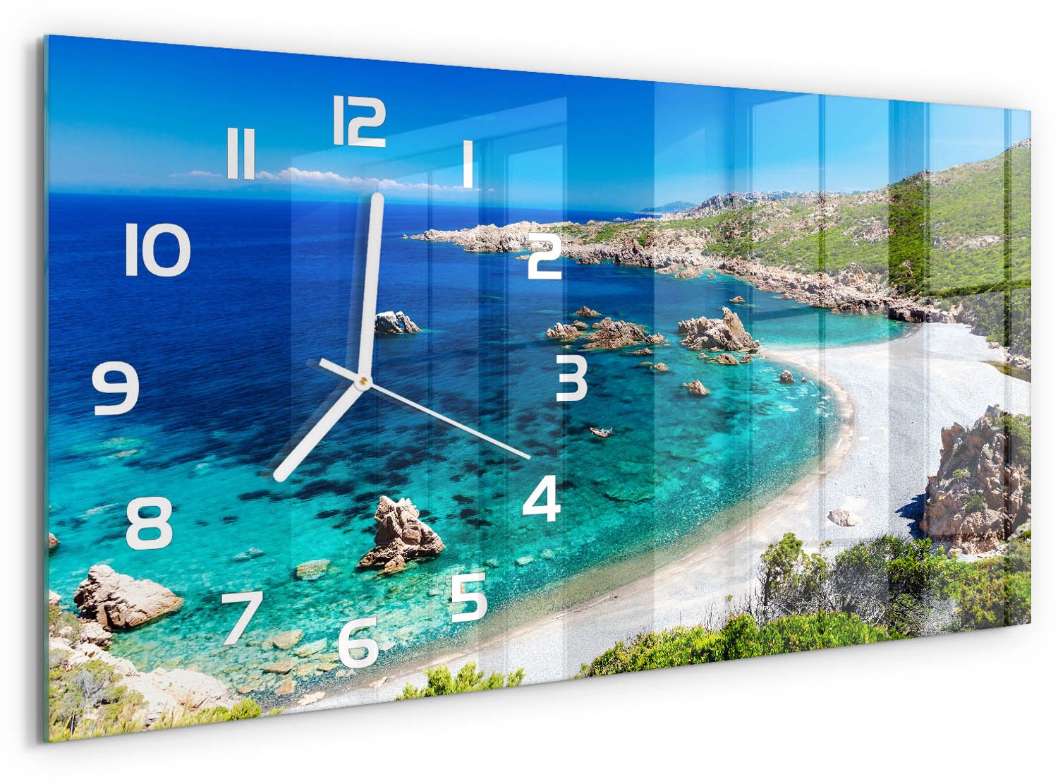 TULUP Wandklok - Baai Glazen Klok Met Print - 60x30 cm - Blauw Wandklok Glas Met Motief - Witte handen - Rechthoekige Klok - Wandklok Glas Decoratie - Gekleurde Glazen Klok