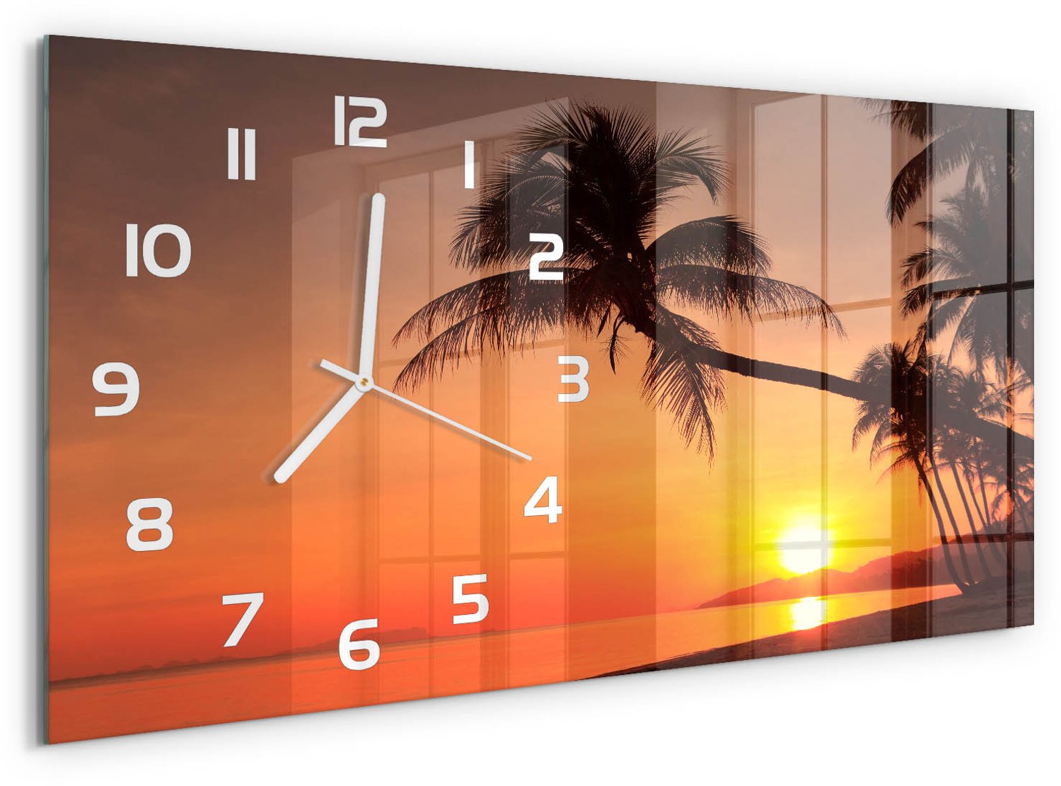 TULUP Wandklok - Zonsondergangstrand Glazen Wandklok Design - 60x30 cm - Oranje Klok Glas Met Opdruk - Witte handen - Rechthoekige Klok - Wandklok Glas Met Motief - Decoratieve Glazen Klok