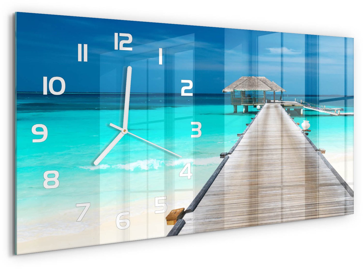 TULUP Wandklok - Houten loopbrug Decoratieve Glazen Klok - 60x30 cm - Blauw Glazen Wandklok Design - Witte handen - Rechthoekige Klok - Glazen Klok Met Print - Wandklok Glas Met Motief