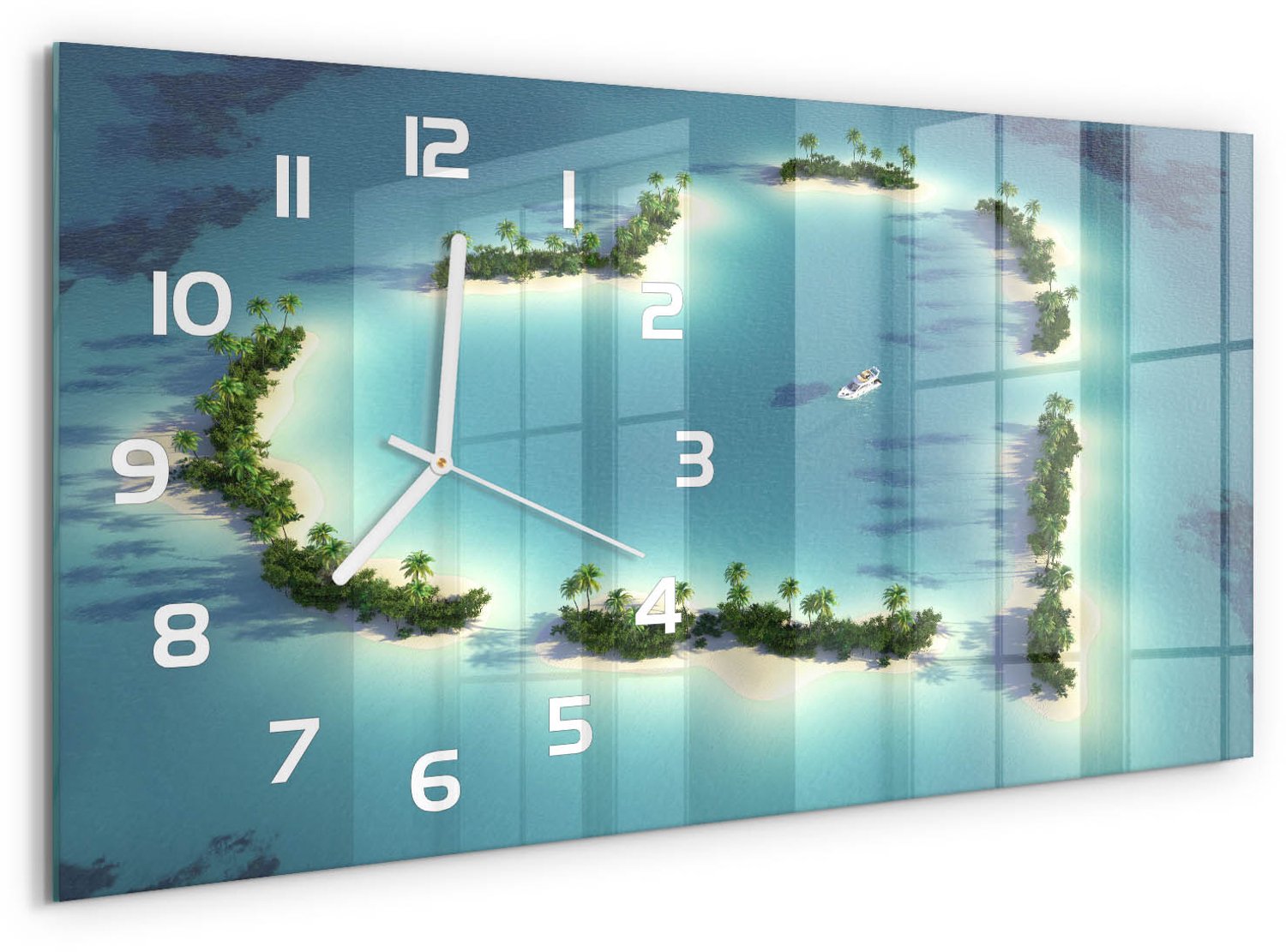 TULUP Wandklok - Hartvormige eilanden Glazen Klok Met Print - 60x30 cm - Blauw Wandklok Glas Met Motief - Witte handen - Rechthoekige Klok - Wandklok Glas Decoratie - Gekleurde Glazen Klok