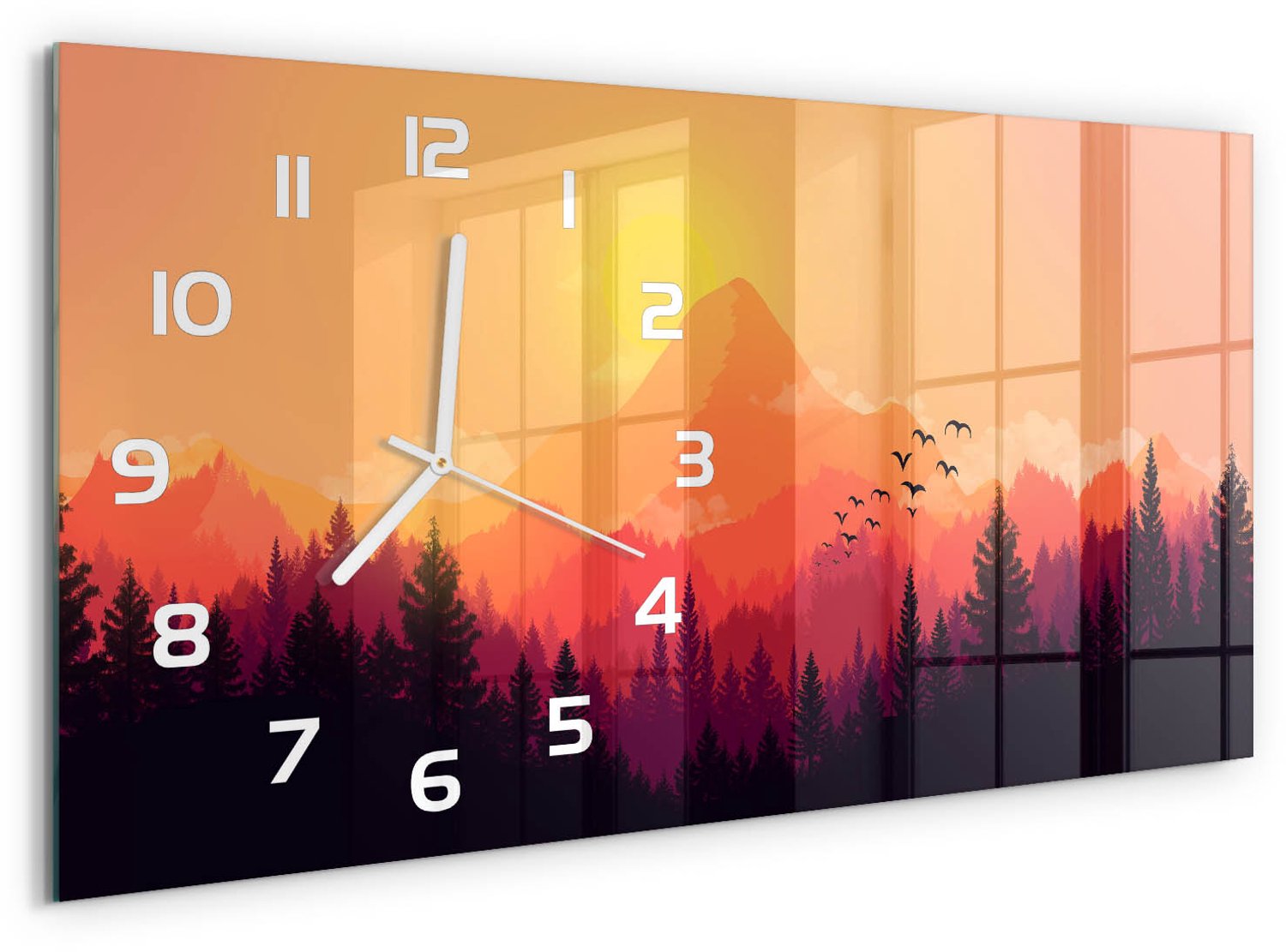 TULUP Wandklok - Berglandschap Gekleurde Glazen Klok - 60x30 cm - Oranje Glazen Klok Met Print - Witte handen - Rechthoekige Klok - Moderne Wandklok Glas - Wandklok Glas Decoratie