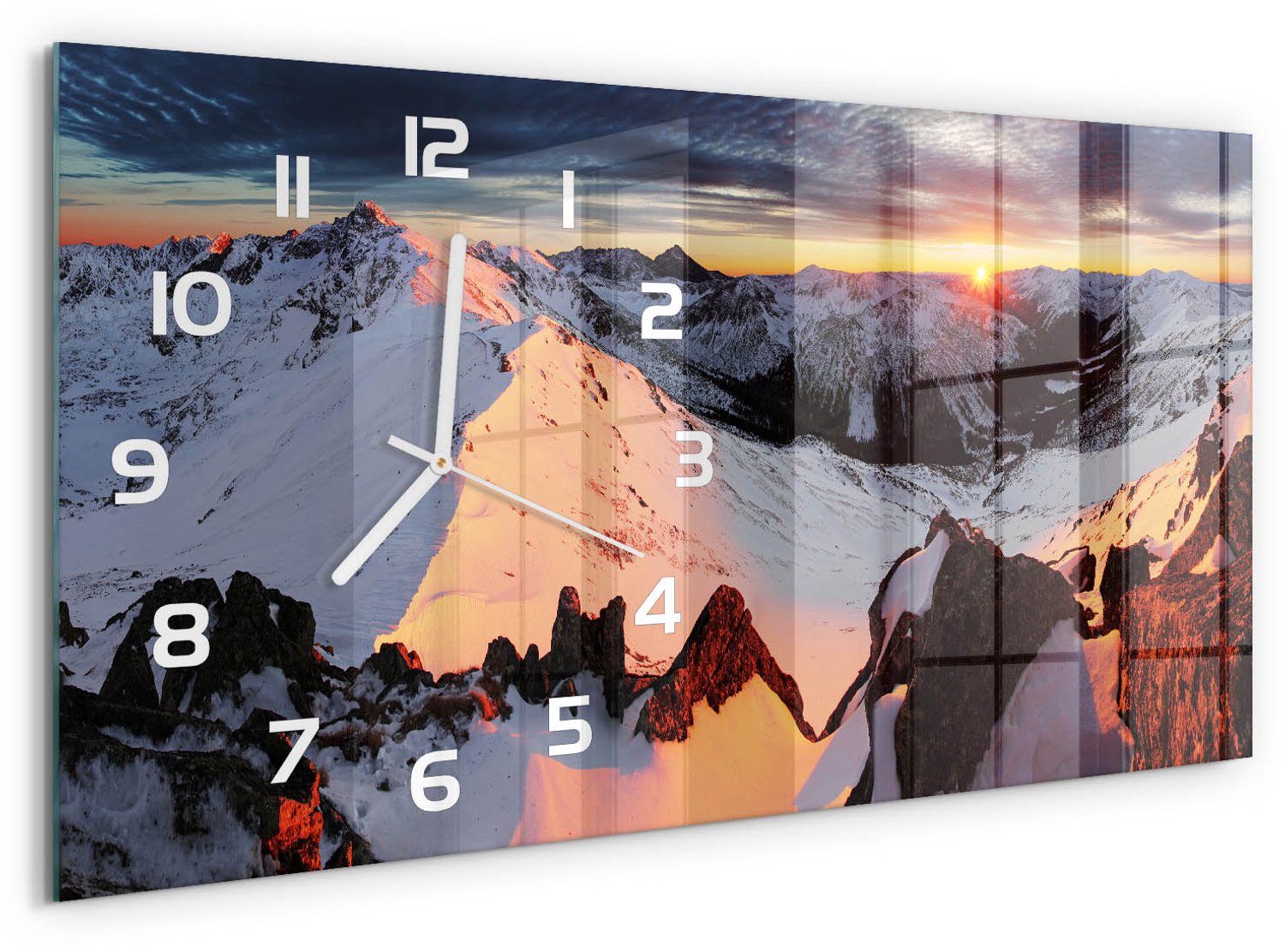 TULUP Wandklok - Bergen in de winter Gekleurde Glazen Klok - 60x30 cm - Veelkleurig Glazen Klok Met Print - Witte handen - Rechthoekige Klok - Moderne Wandklok Glas - Wandklok Glas Decoratie