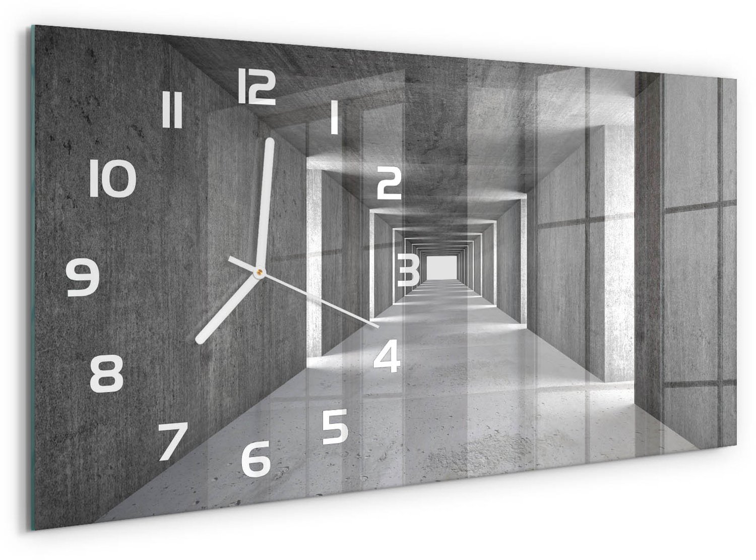 TULUP Wandklok - Betonnen tunnel Wandklok Glas Decoratie - 60x30 cm - Grijs Gekleurde Glazen Klok - Witte handen - Rechthoekige Klok - Klok Glas Met Opdruk - Moderne Wandklok Glas