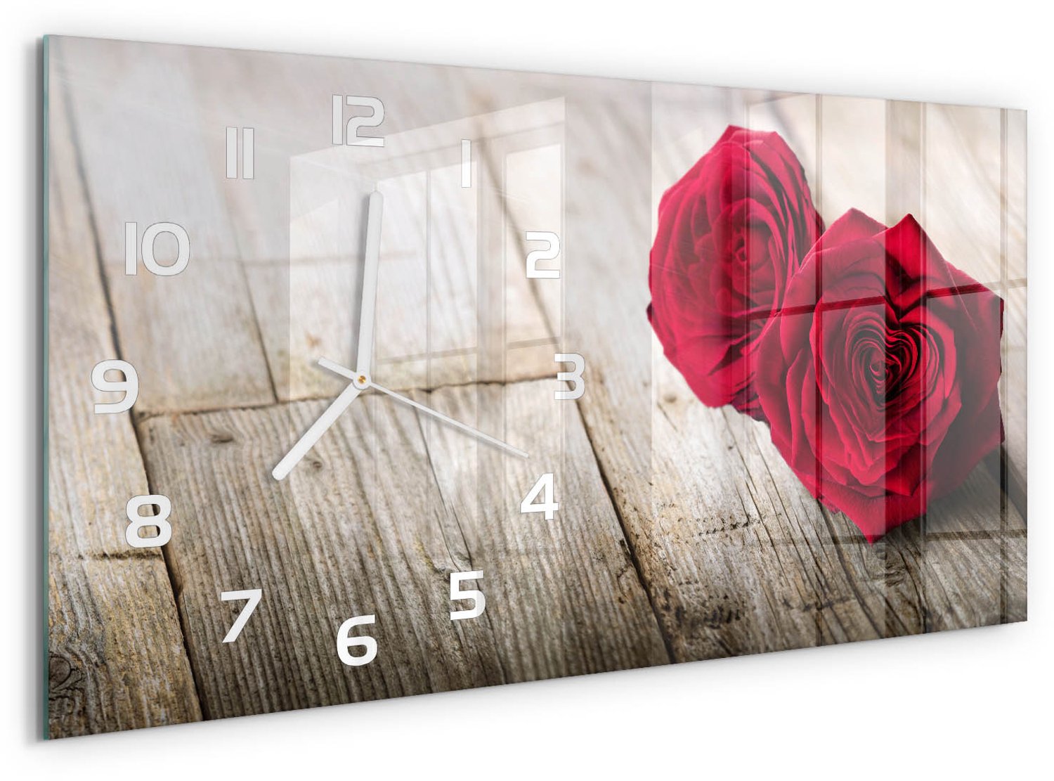 TULUP Wandklok - Rozen op hout Glazen Wandklok Design - 60x30 cm - Rood Klok Glas Met Opdruk - Witte handen - Rechthoekige Klok - Wandklok Glas Met Motief - Decoratieve Glazen Klok
