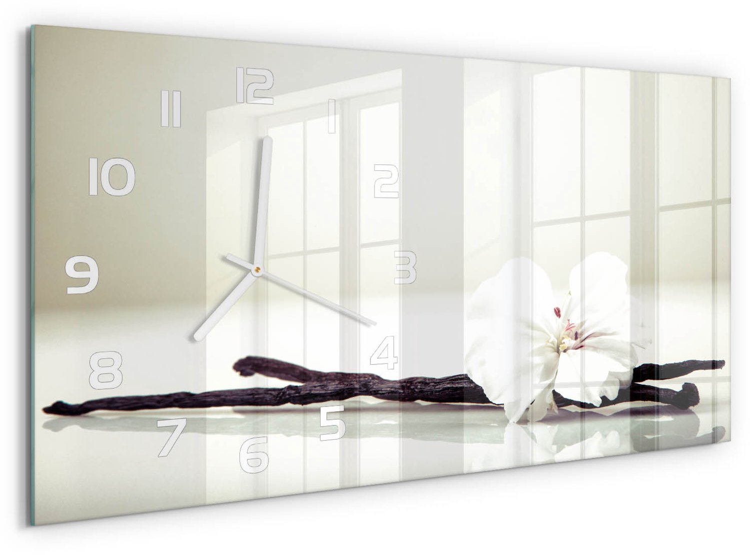 TULUP Wandklok - Vanilleboon Moderne Wandklok Glas - 60x30 cm - Wit Wandklok Glas Decoratie - Witte handen - Rechthoekige Klok - Glazen Wandklok Design - Klok Glas Met Opdruk