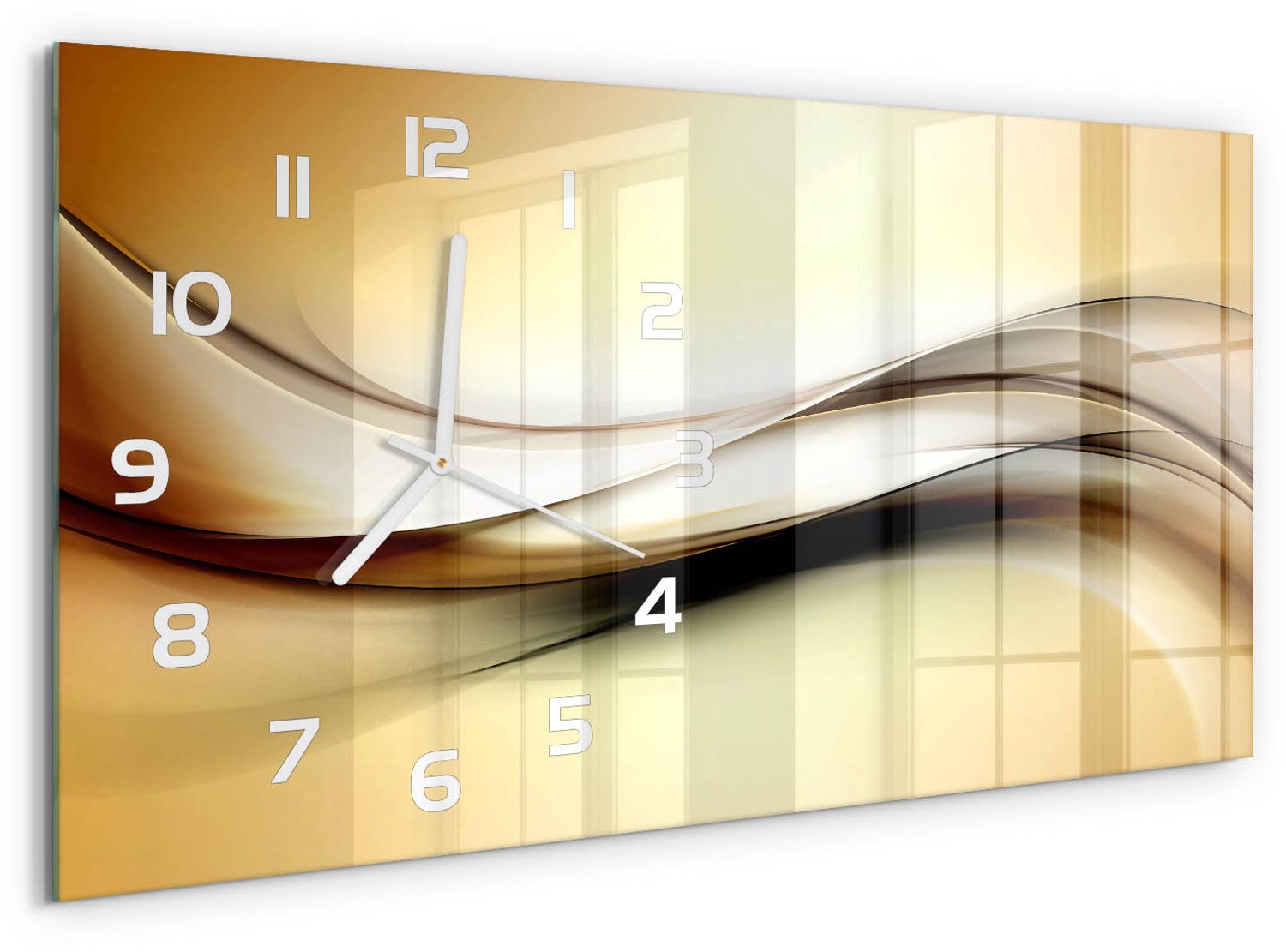 TULUP Wandklok - Abstracte achtergrond Wandklok Glas Decoratie - 60x30 cm - Gouden Gekleurde Glazen Klok - Witte handen - Rechthoekige Klok - Klok Glas Met Opdruk - Moderne Wandklok Glas