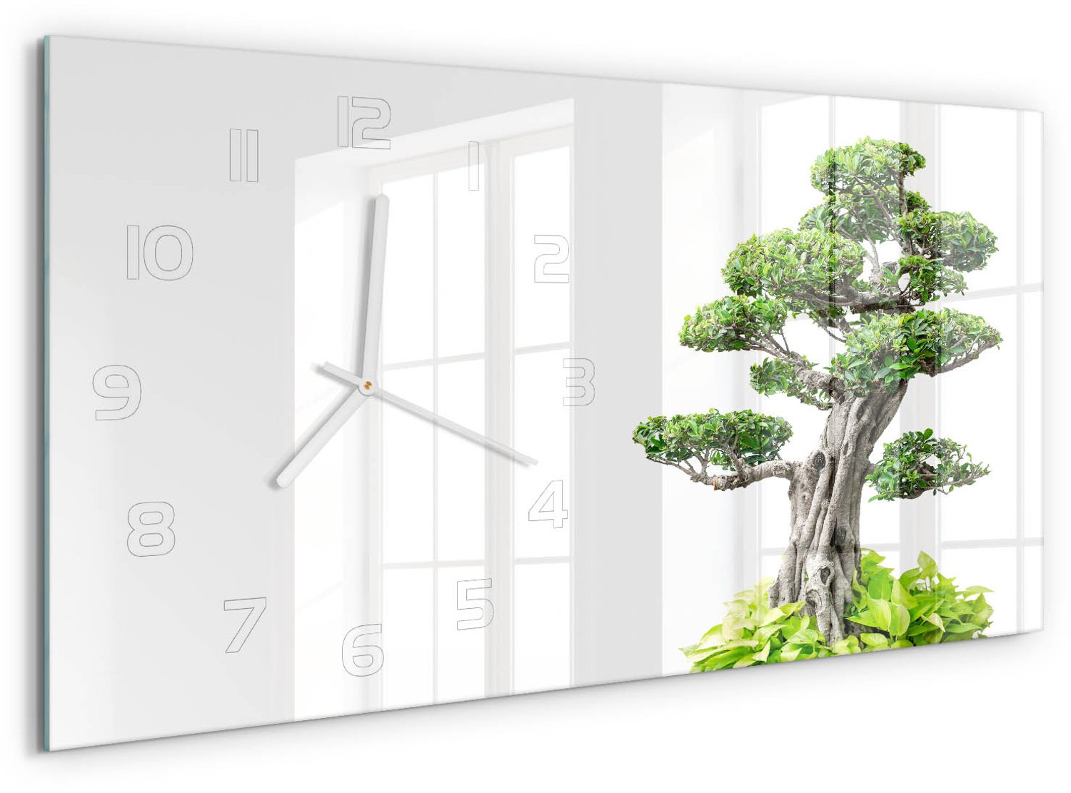 TULUP Wandklok - Bonsaiboom Glazen Wandklok Design - 60x30 cm - Groente Klok Glas Met Opdruk - Witte handen - Rechthoekige Klok - Wandklok Glas Met Motief - Decoratieve Glazen Klok