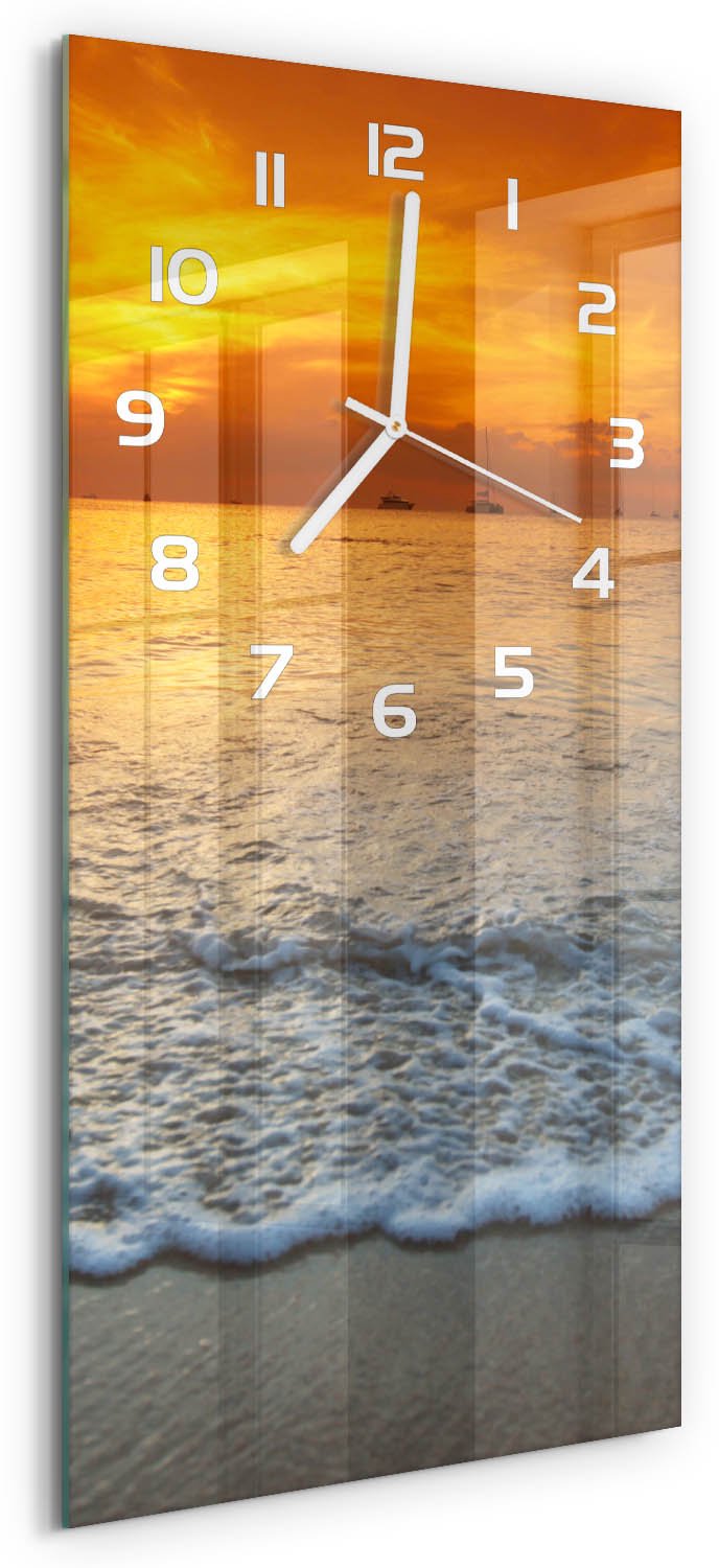 Tulup Wandklok - Zonsondergang Zee Glazen Klok Met Print - 30x60 cm - Oranje Wandklok Glas Met Motief - Witte handen - Rechthoekige Klok - Wandklok Glas Decoratie - Gekleurde Glazen Klok