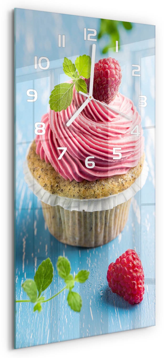 Tulup Wandklok - Frambozenmuffin Wandklok Glas Decoratie - 30x60 cm - Rood Gekleurde Glazen Klok - Witte handen - Rechthoekige Klok - Klok Glas Met Opdruk - Moderne Wandklok Glas
