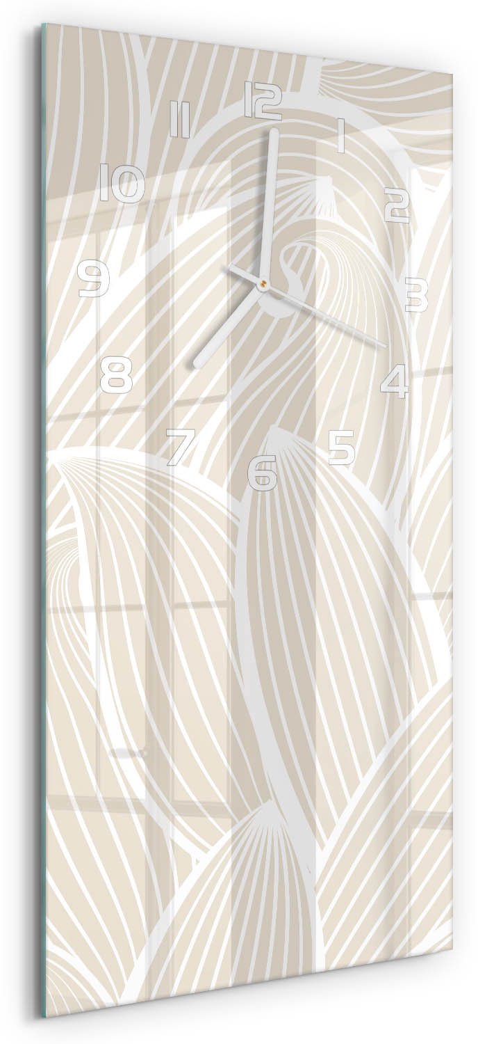 Tulup Wandklok - Bladpatroon Wandklok Glas Decoratie - 30x60 cm - Beige Gekleurde Glazen Klok - Witte handen - Rechthoekige Klok - Klok Glas Met Opdruk - Moderne Wandklok Glas