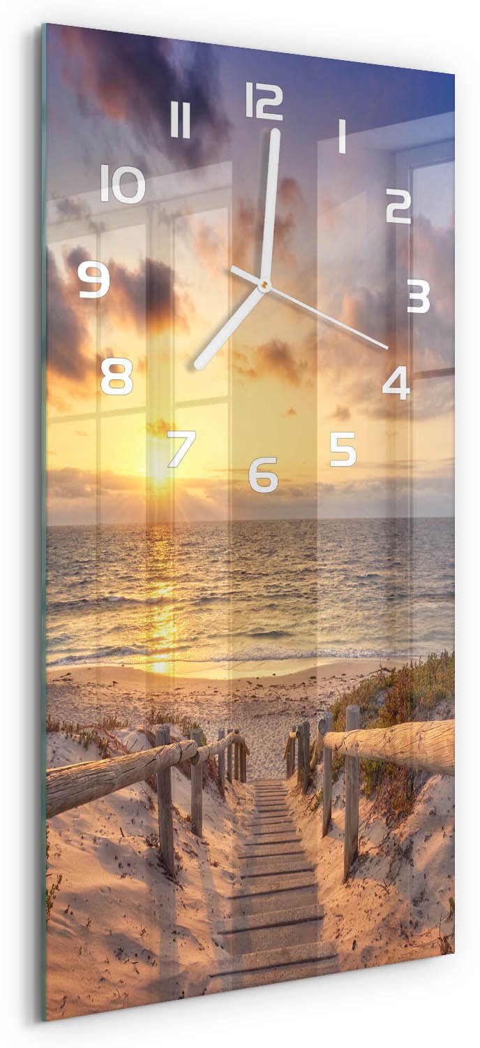 Tulup Wandklok - De weg naar het strand Glazen Klok Met Print - 30x60 cm - Geel Wandklok Glas Met Motief - Witte handen - Rechthoekige Klok - Wandklok Glas Decoratie - Gekleurde Glazen Klok