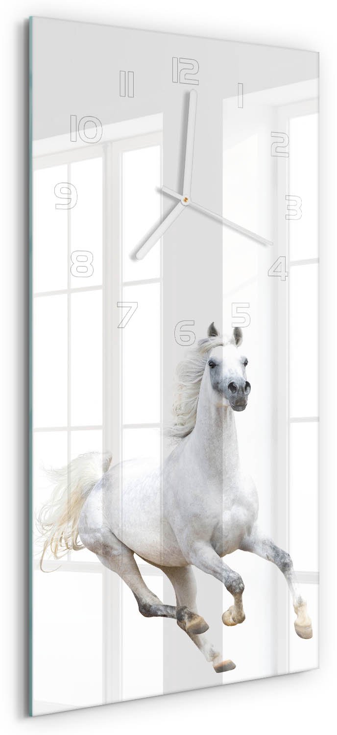 Tulup Wandklok - Wit Arabisch paard Klok Glas Met Opdruk - 30x60 cm - Wit Moderne Wandklok Glas - Witte handen - Rechthoekige Klok - Decoratieve Glazen Klok - Glazen Wandklok Design