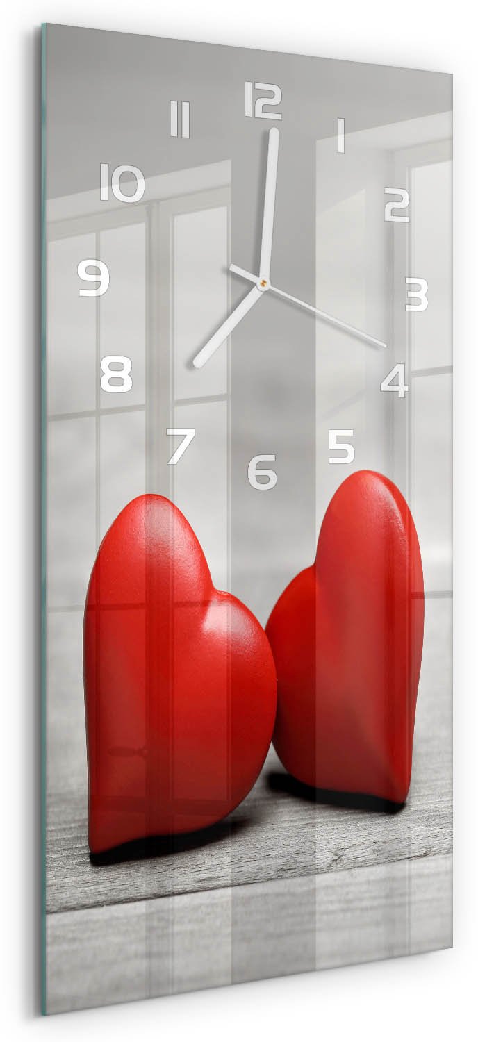 Tulup Wandklok - Harten op hout Gekleurde Glazen Klok - 30x60 cm - Rood Glazen Klok Met Print - Witte handen - Rechthoekige Klok - Moderne Wandklok Glas - Wandklok Glas Decoratie