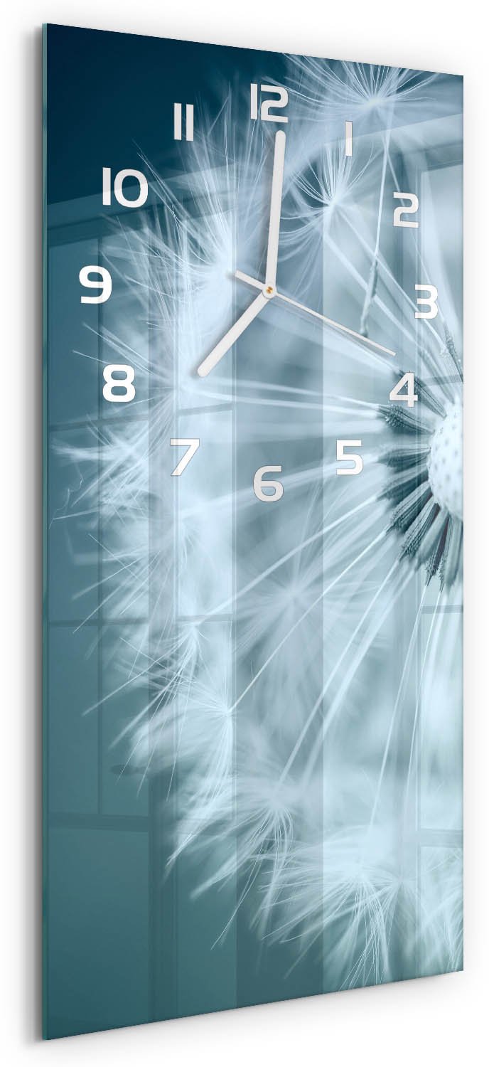 Tulup Wandklok - Paardebloem Klok Glas Met Opdruk - 30x60 cm - Blauw Moderne Wandklok Glas - Witte handen - Rechthoekige Klok - Decoratieve Glazen Klok - Glazen Wandklok Design