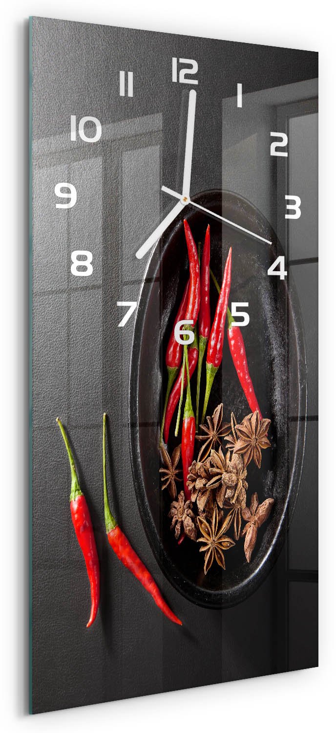 Tulup Wandklok - Chilipepers Wandklok Glas Met Motief - 30x60 cm - Rood Decoratieve Glazen Klok - Witte handen - Rechthoekige Klok - Gekleurde Glazen Klok - Glazen Klok Met Print