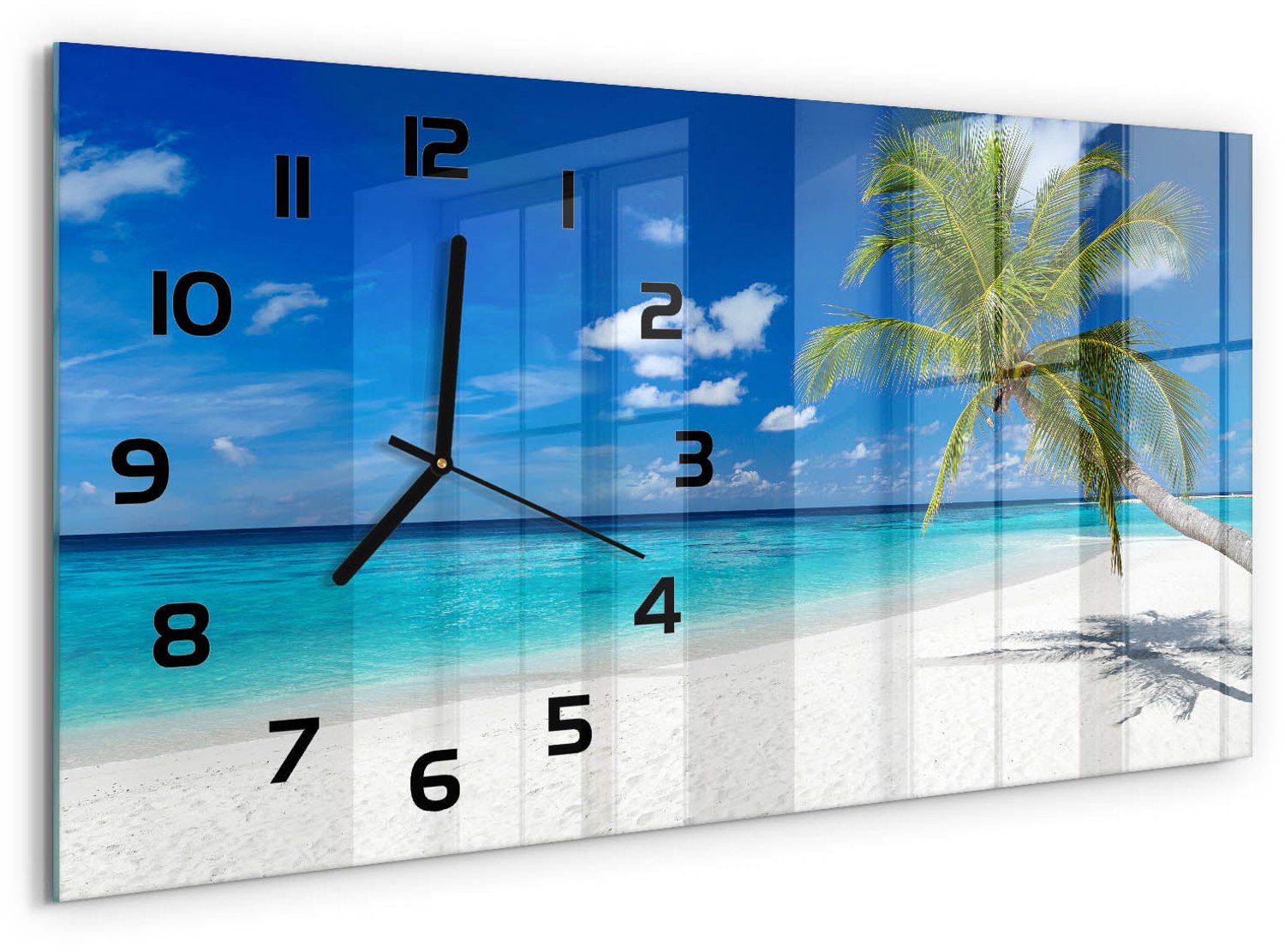TULUP Wandklok - Tropisch strand Klok Glas Met Opdruk - 60x30 cm - Blauw Moderne Wandklok Glas - Zwarte handen - Rechthoekige Klok - Decoratieve Glazen Klok - Glazen Wandklok Design