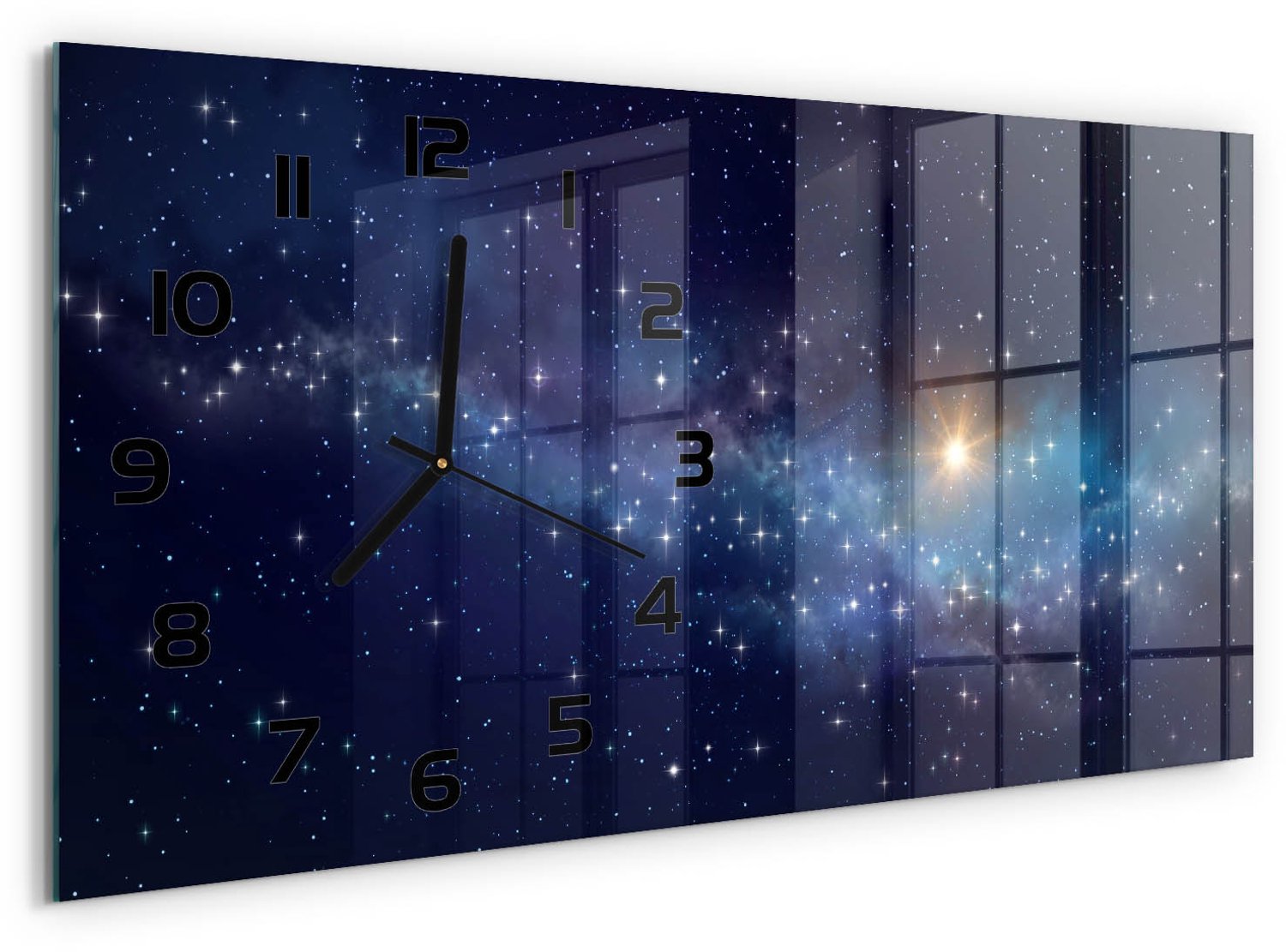TULUP Wandklok - Melkwegstelsel Glazen Klok Met Print - 60x30 cm - Blauw Wandklok Glas Met Motief - Zwarte handen - Rechthoekige Klok - Wandklok Glas Decoratie - Gekleurde Glazen Klok