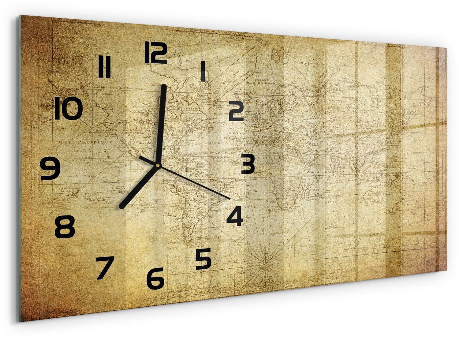 TULUP Wandklok - Oude wereldkaart Glazen Klok Met Print - 60x30 cm - Beige Wandklok Glas Met Motief - Zwarte handen - Rechthoekige Klok - Wandklok Glas Decoratie - Gekleurde Glazen Klok