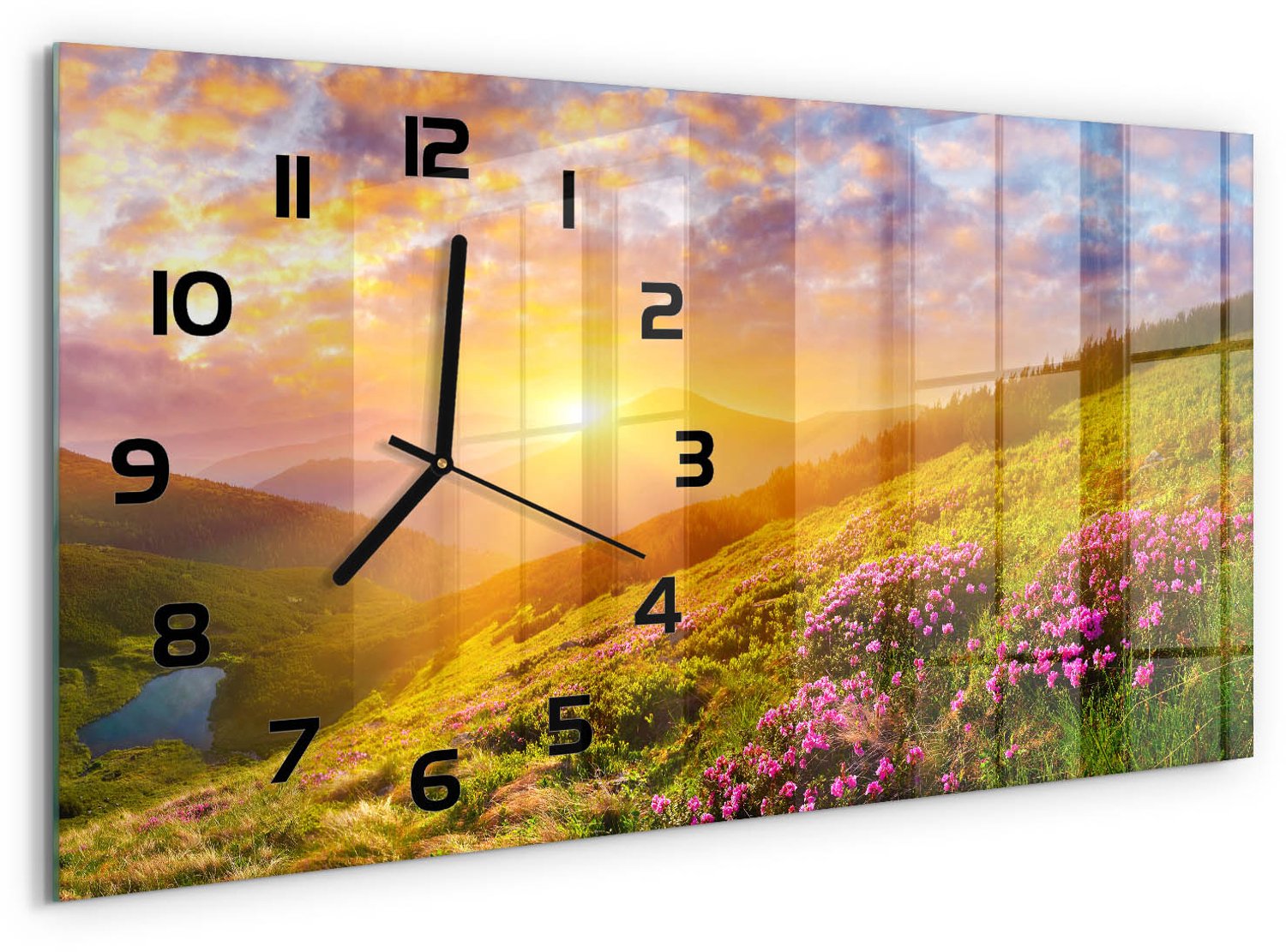 TULUP Wandklok - Bergen bij zonsondergang Wandklok Glas Decoratie - 60x30 cm - Veelkleurig Gekleurde Glazen Klok - Zwarte handen - Rechthoekige Klok - Klok Glas Met Opdruk - Moderne Wandklok Glas