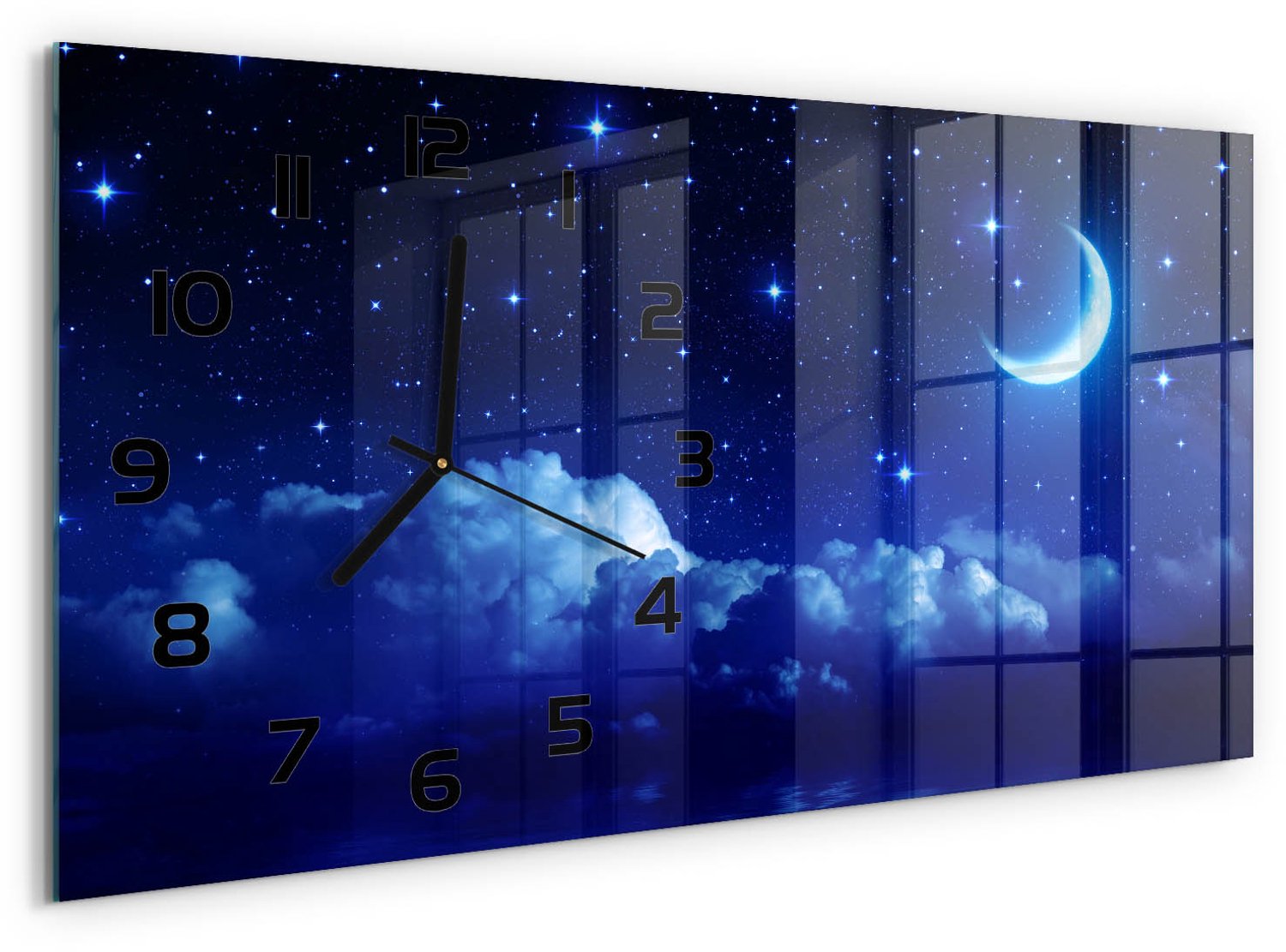 TULUP Wandklok - De nachtelijke hemel Decoratieve Glazen Klok - 60x30 cm - Blauw Glazen Wandklok Design - Zwarte handen - Rechthoekige Klok - Glazen Klok Met Print - Wandklok Glas Met Motief