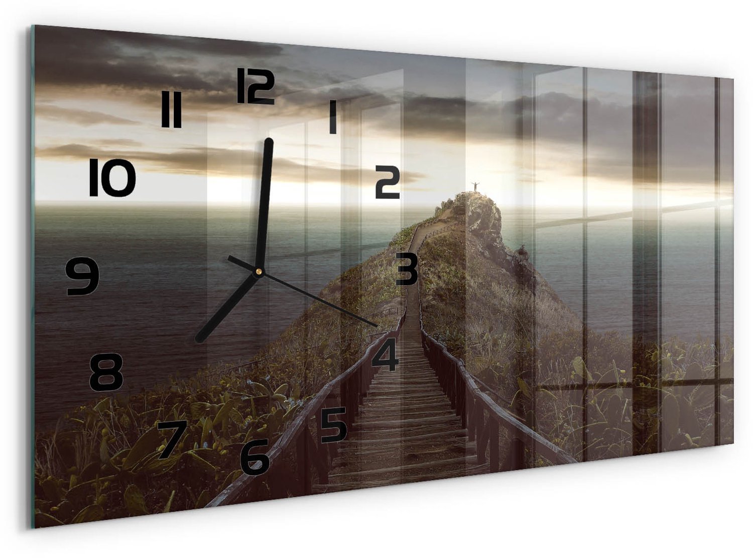 TULUP Wandklok - Pad op de rots Wandklok Glas Decoratie - 60x30 cm - Bruin Gekleurde Glazen Klok - Zwarte handen - Rechthoekige Klok - Klok Glas Met Opdruk - Moderne Wandklok Glas