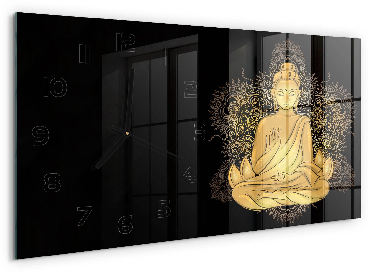 TULUP Wandklok - Boeddha en mandala Klok Glas Met Opdruk - 60x30 cm - Geel Moderne Wandklok Glas - Zwarte handen - Rechthoekige Klok - Decoratieve Glazen Klok - Glazen Wandklok Design