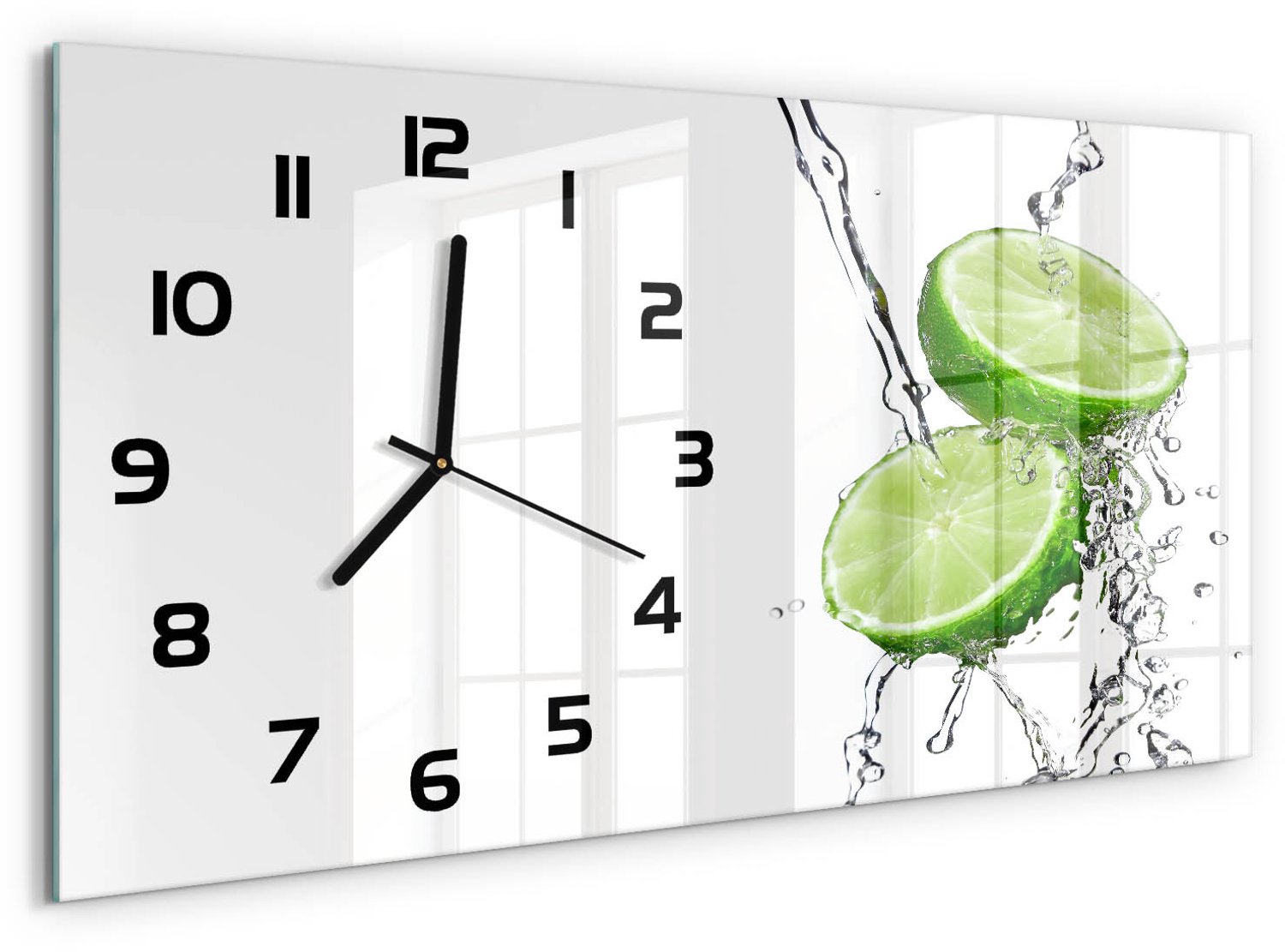 TULUP Wandklok - Kalk en water Moderne Wandklok Glas - 60x30 cm - Groente Wandklok Glas Decoratie - Zwarte handen - Rechthoekige Klok - Glazen Wandklok Design - Klok Glas Met Opdruk